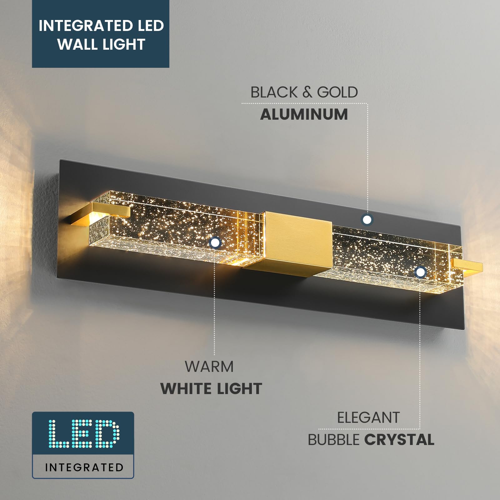 WOSHITU LED Wall Sconce Light: 19 Inch Black & Gold Modern Sconces Wall Lighting 3000K Dimmable Crystal Wall Lamps Indoor Bathro