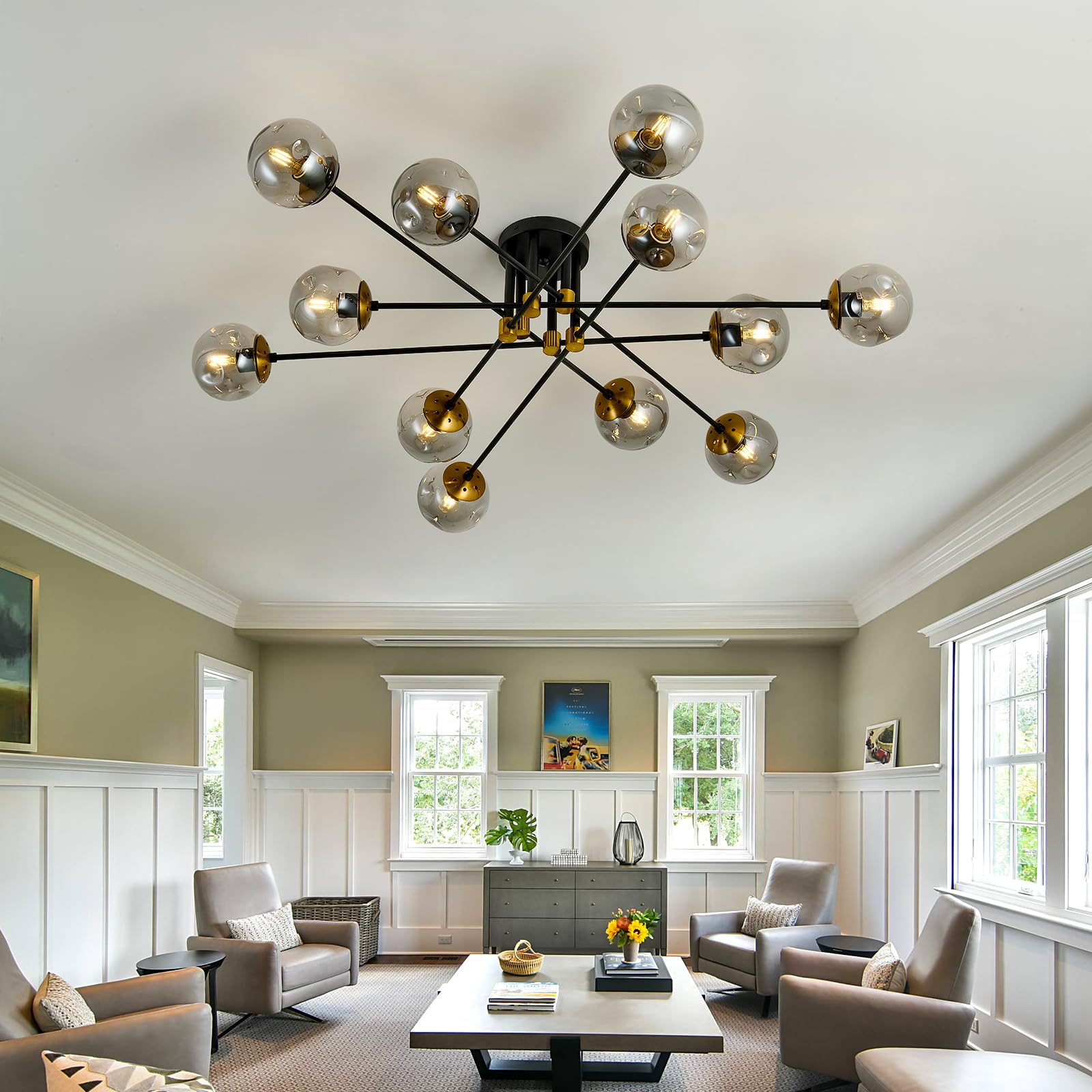 Szxykeji 12 Light Glass Globe Ceiling Light Black Mid Century Flush Mount Sputnik Light Fixture Bubble Chandelier For Living Roo