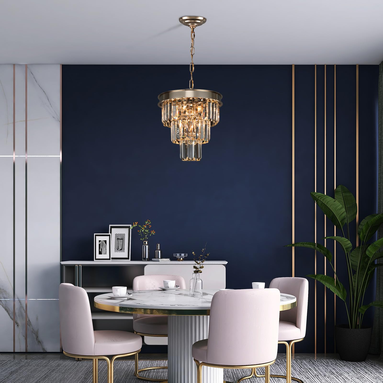Weesalife Crystal Pendant Lighting Fixture, 4-Lights, D12in, Champagne Gold, Model A8828 for Dining Room, Kitchen Island, Entryway