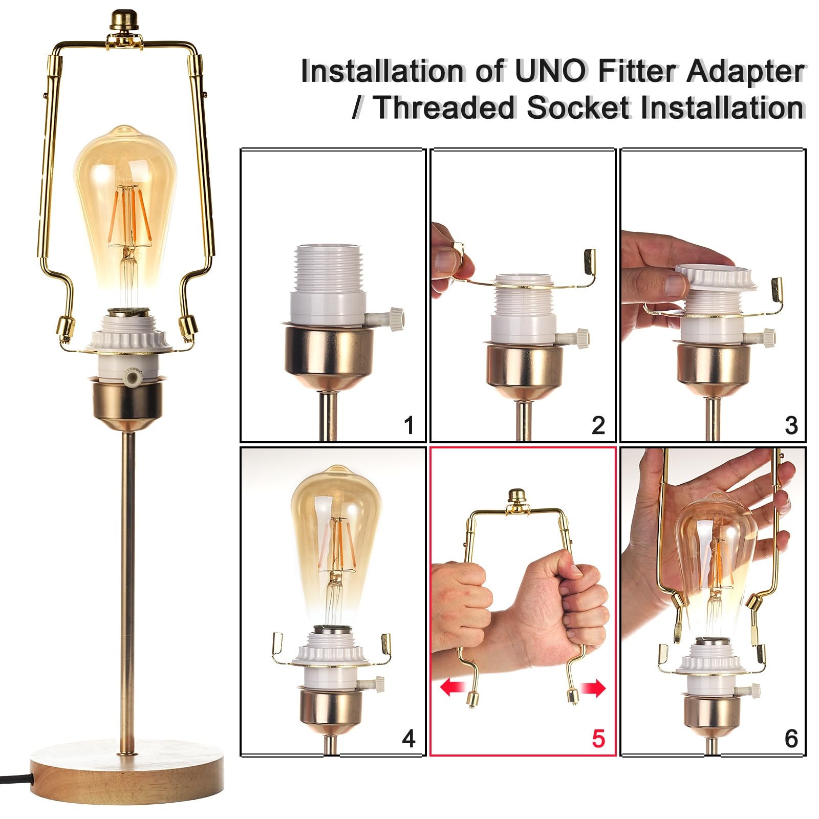 7 8 9 10 Inch Lamp Shade Harp Holder,Gold Lamp Harp Kit,Fit Both Standard Lamp Rod And E26 Light Base Uno Fitter Adapter,With 2