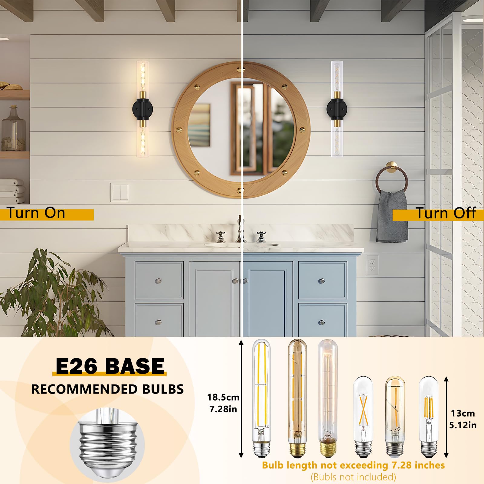 Baocuz 2-Light Bathroom Vanity Lighting, Black & Gold, Clear Glass, Indoor Wall Sconces, Model STCGS-2P-BG, Set of 2