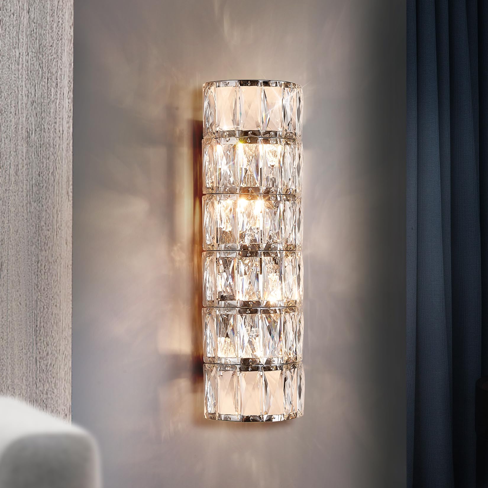 Kaiyuan 6 Layer Chrome Crystal Wall Sconce - Elegant Modern Light Fixture for Bathroom, Kitchen, Living Room, Bedroom, Hallway - 60W