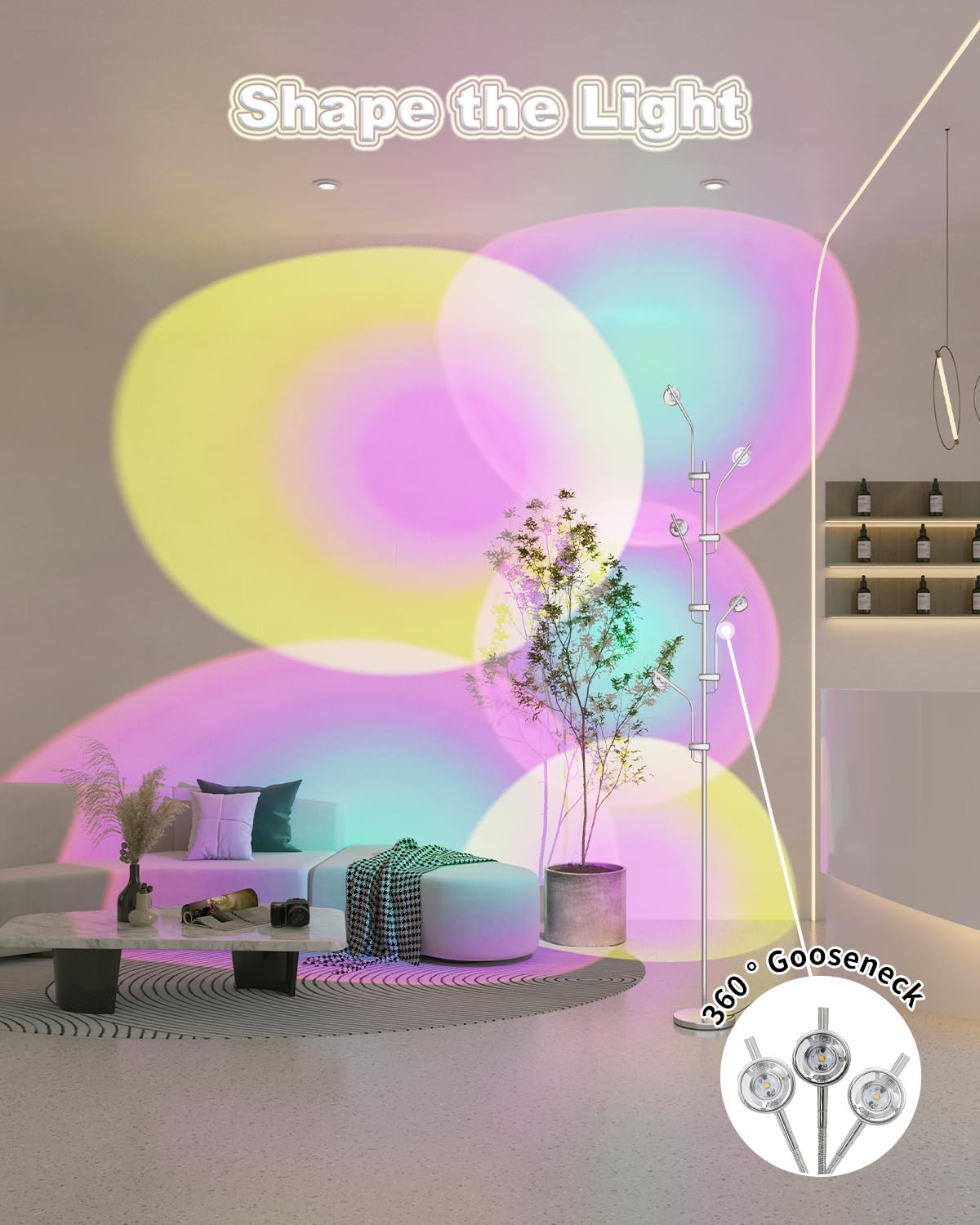 TACAHE RGBW Halo Projector Floor Lamp - 73" LED, Chrome, Model TCH-5H-HFL-C-DE, Replaceable Color Filters, Ambient Lighting for Home