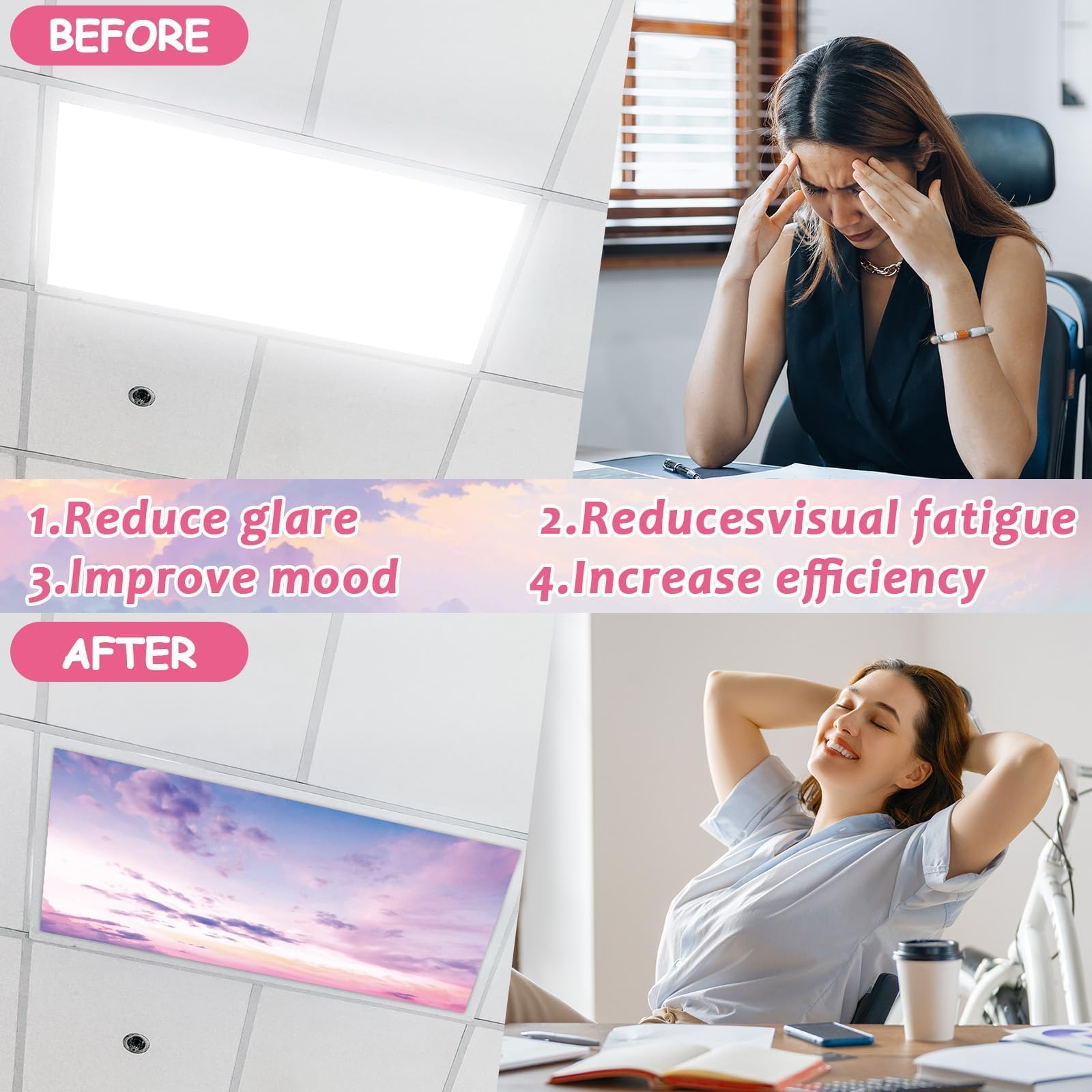 Wiooffen 8 Pack Fluorescent Light Covers, 4x2 ft, Polyester, Sunset Pink, Easy Install for Classroom, Office, Hospital, Model YM0706