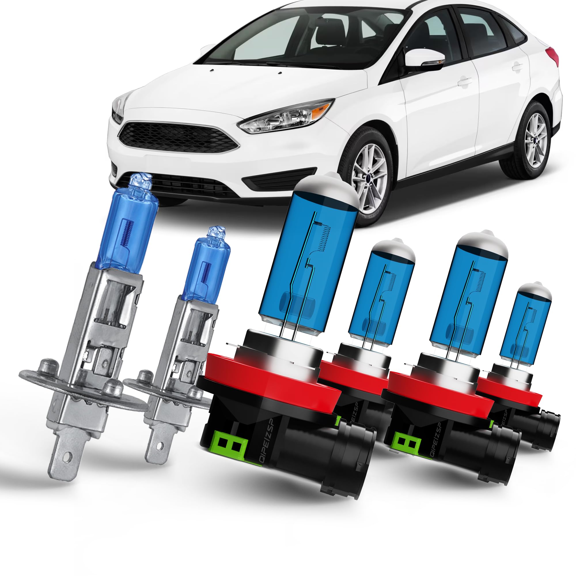 QIPEIZSP compatible with Ford Focus 2012-2018 Lights Headlights Bulbs, H1 High Beams + H11/H9/H8 Low Beam Halogen Headlights and