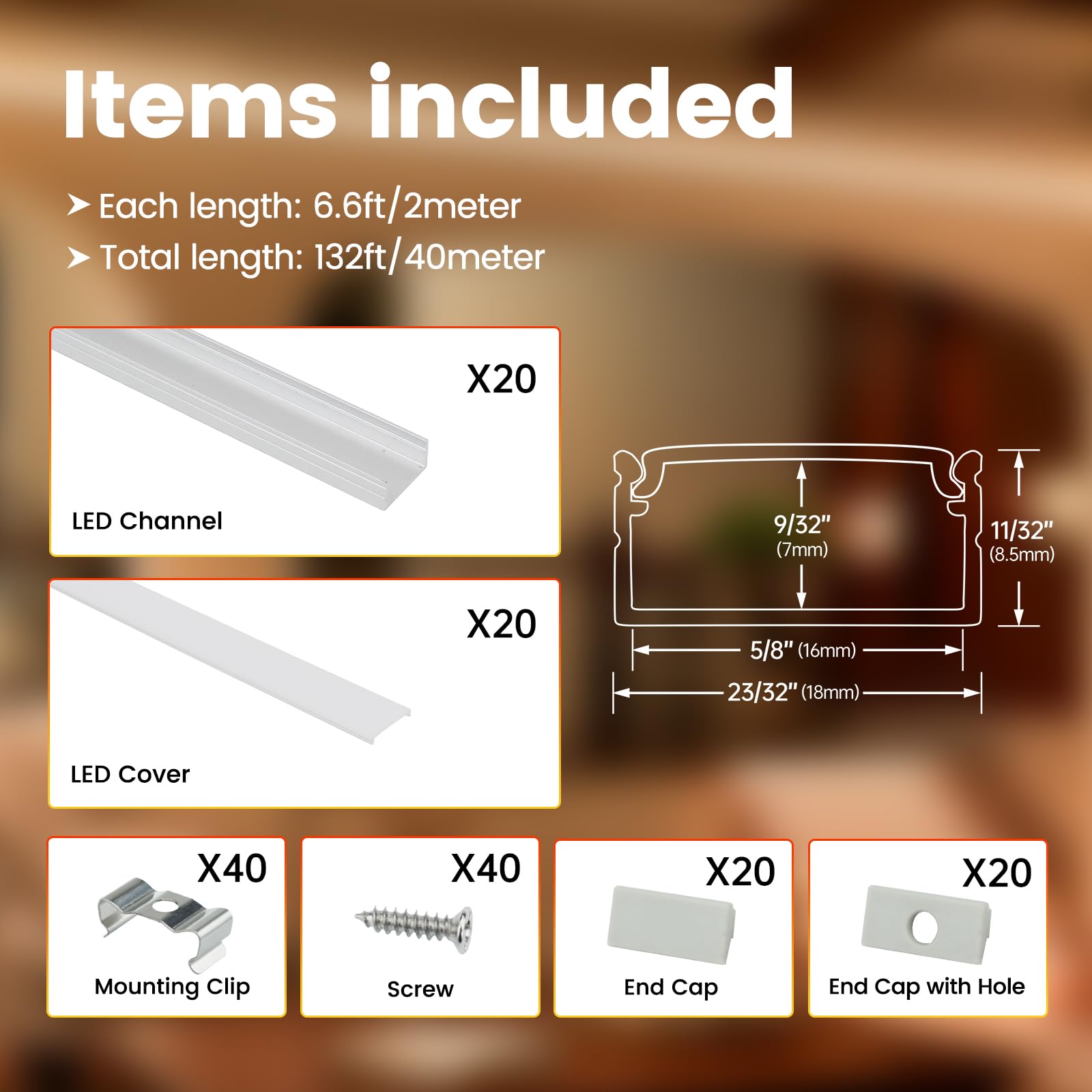 Muzata LED Channel - 20 Pack Silver Aluminum Diffuser with Milky White Cover, Model U102, 6.6FT/2M Length