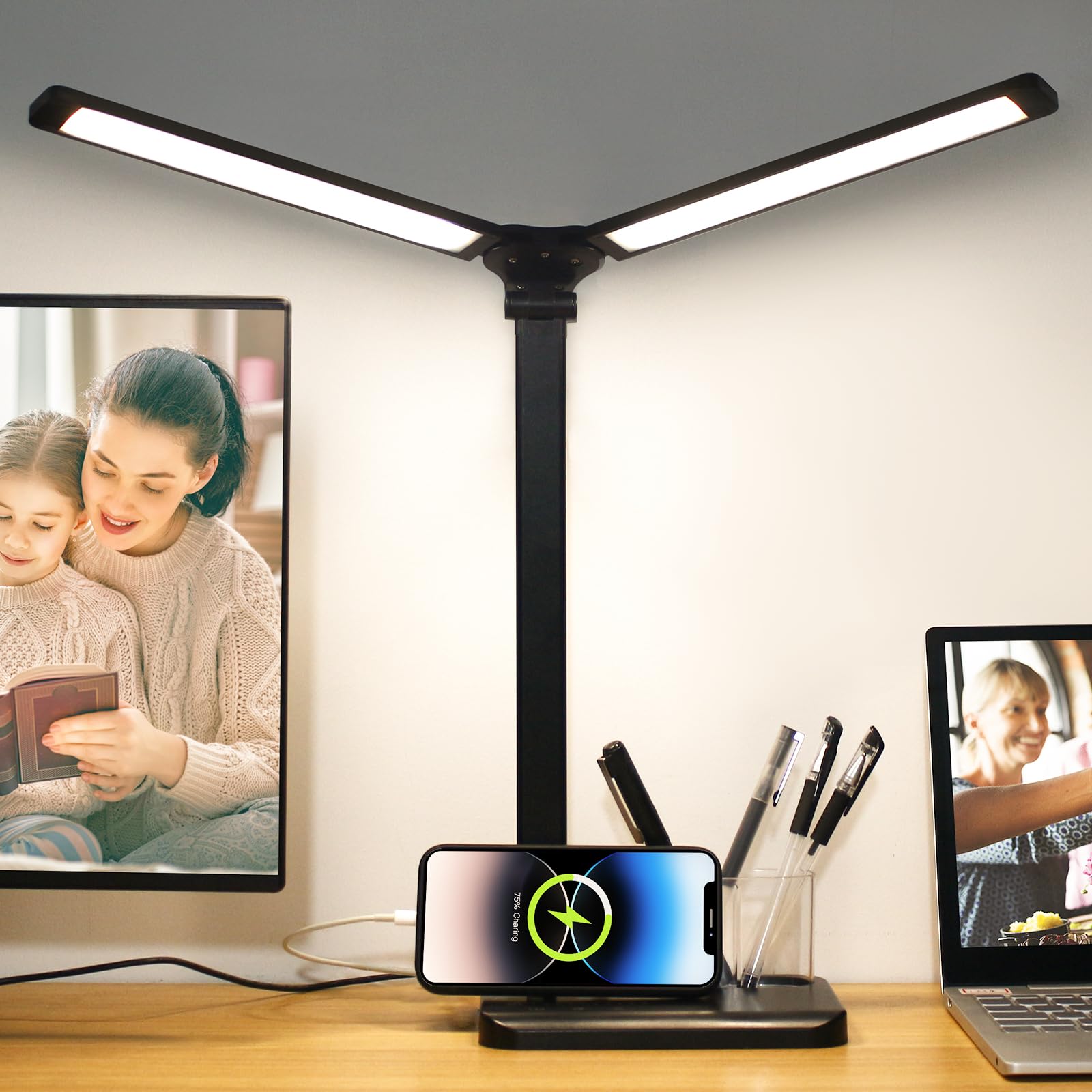 Qooltek Touch Control LED Desk Lamp, Table Lamp with 5 Color Modes Dimmable Brightness for Home Office, Dual Swing Arm USB Charg