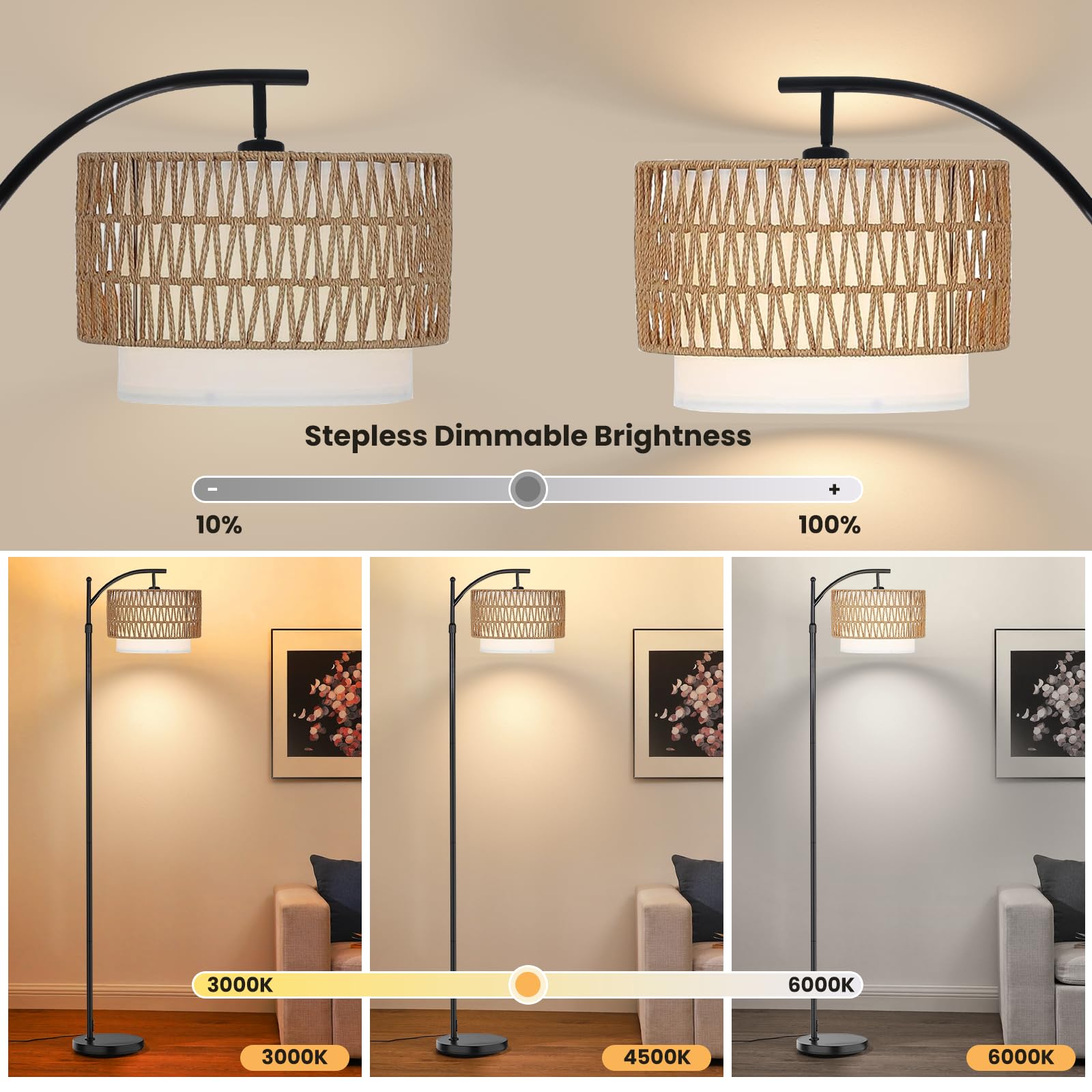 Yusist Arc Floor Lamp For Living Room,Farmhouse Floor Lamps With Remote Control & Dimmable Bulb,Rattan Boho Tall Standing Lamp F