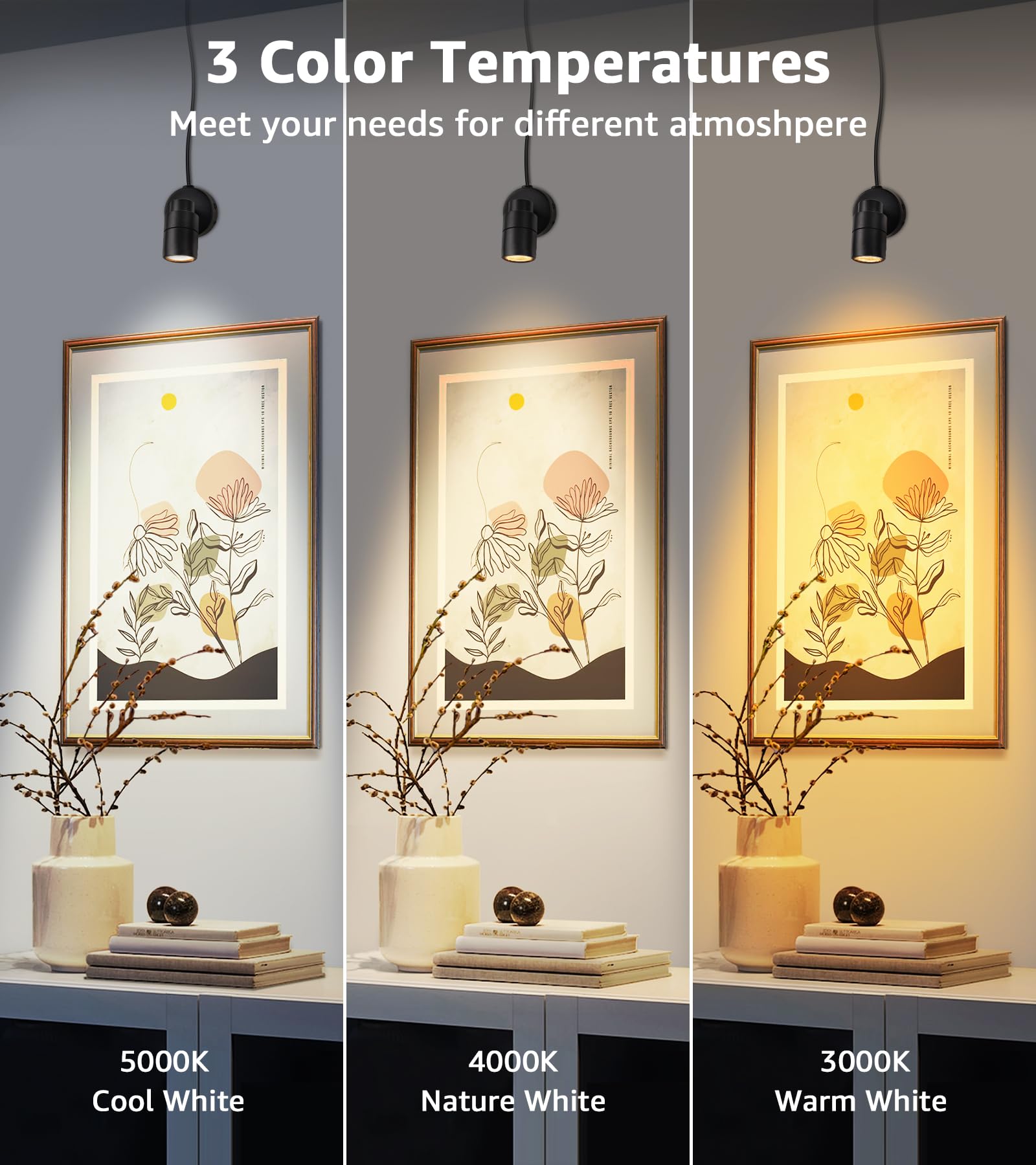 SUNVIE LED Dimmable Up Lights 2 Pack, 3W Indoor Floor Spotlight with Timer & Remote, 3000K/4000K/5000K, Black, Model SH