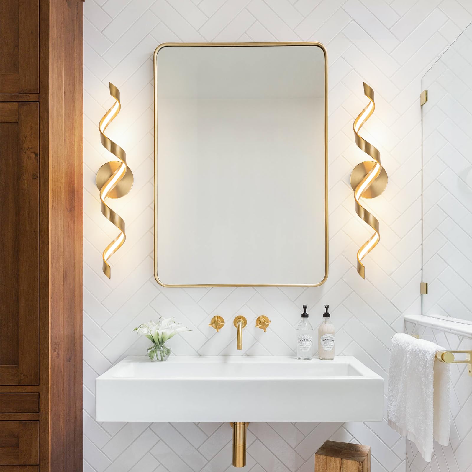 Huoku 24" Dimmable Gold Led Bathroom Light, Modern Spiral Vanity Fixture, 15W Warm Light