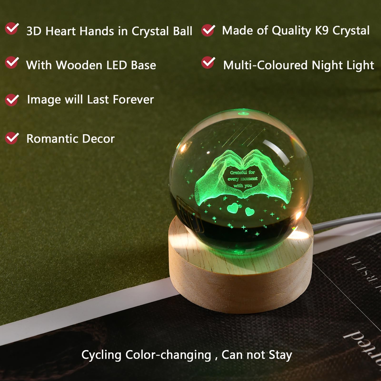 Ifolaina Gifts For Wife Mom Grateful Gifts For Women Men 2.36'' Crystal Ball Night Light Engraved Heart Hands Sphere Decor Roman