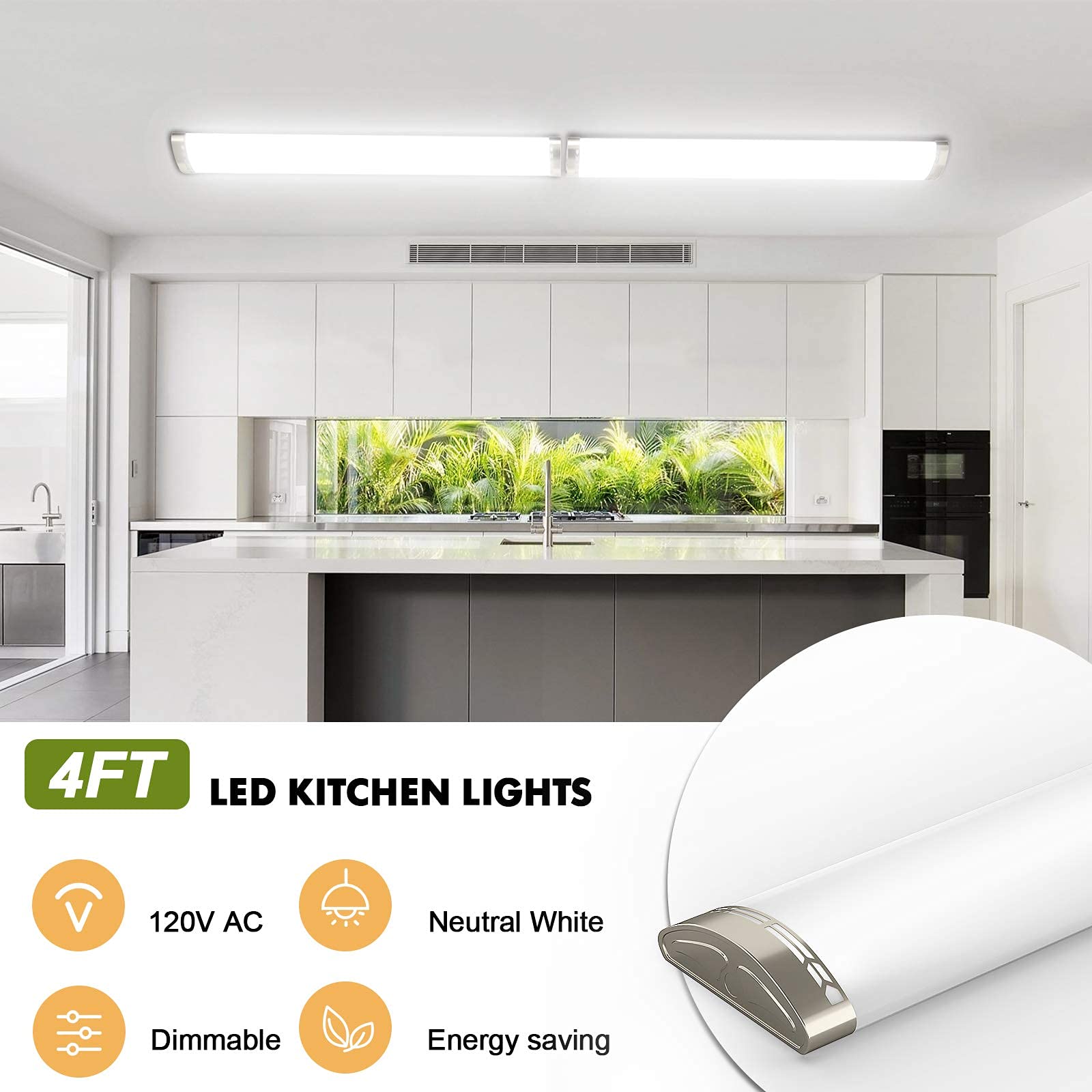 TychoLite 4FT LED Kitchen Puff Ceiling Light, Dimmable 40W, 4800LM, Aluminum, T-6IN-4, Flush Mount, 4 Pack