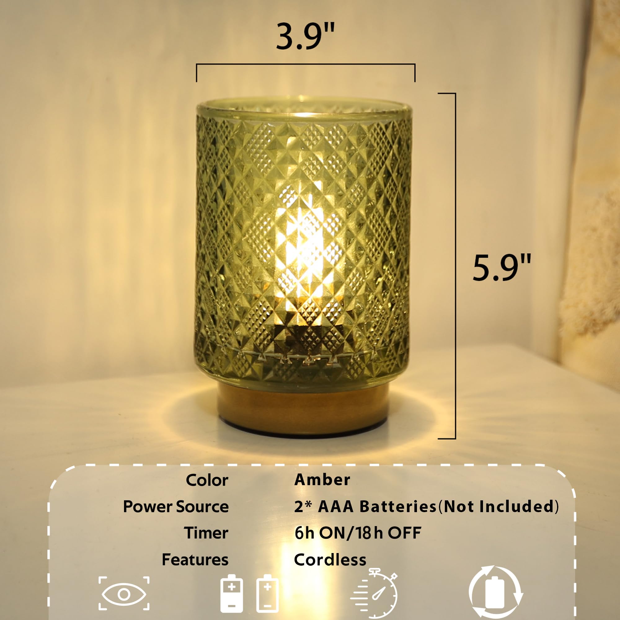 LUSHARBOR Battery Operated Table Lamp, Diamond-Green, 3.9in x 5.9in, Cordless Lamp for Living Room, Shelf Decor, Entryway