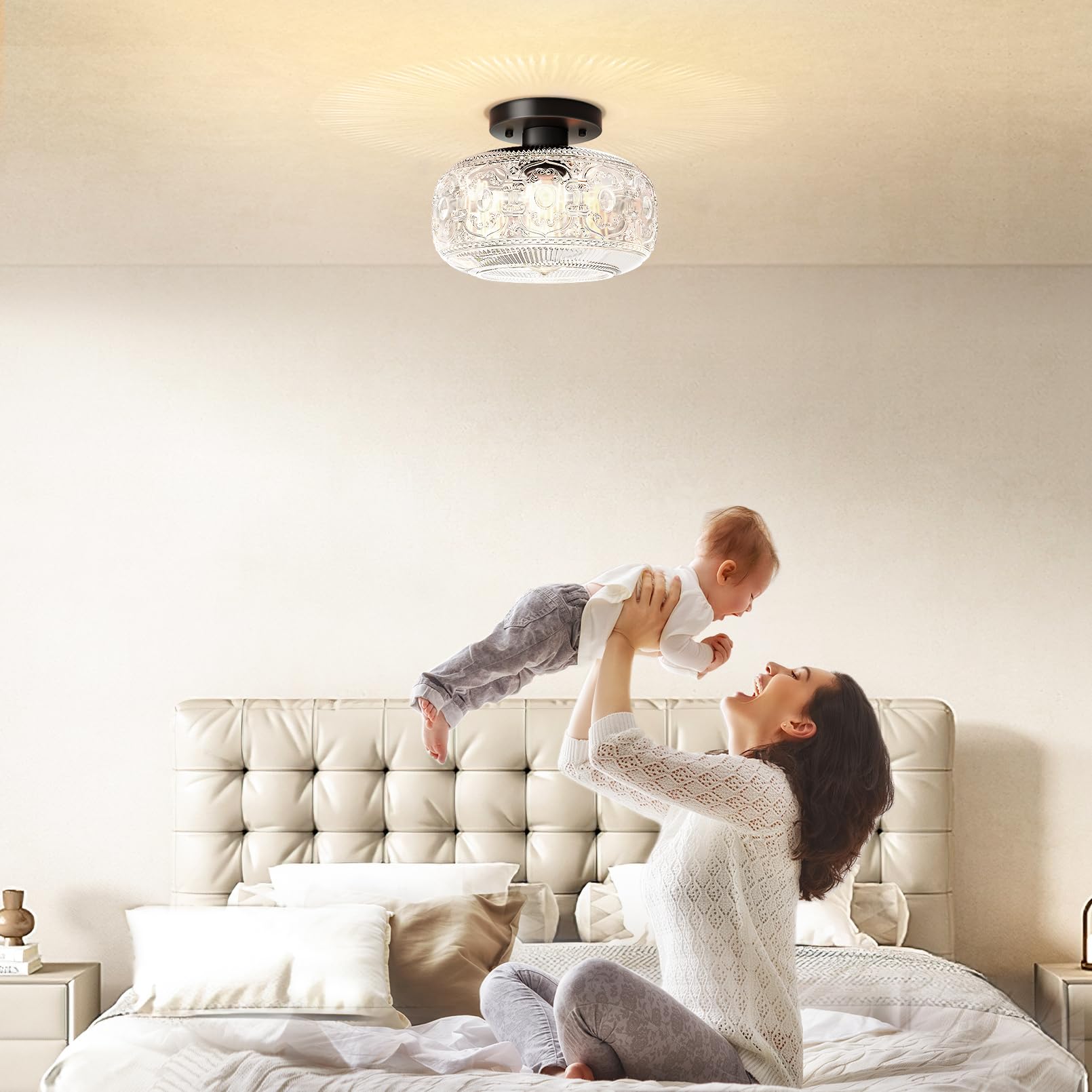 Oykyohei Black Vintage Semi Flush Mount Ceiling Light, Globe Glass Fixture For Home Lighting