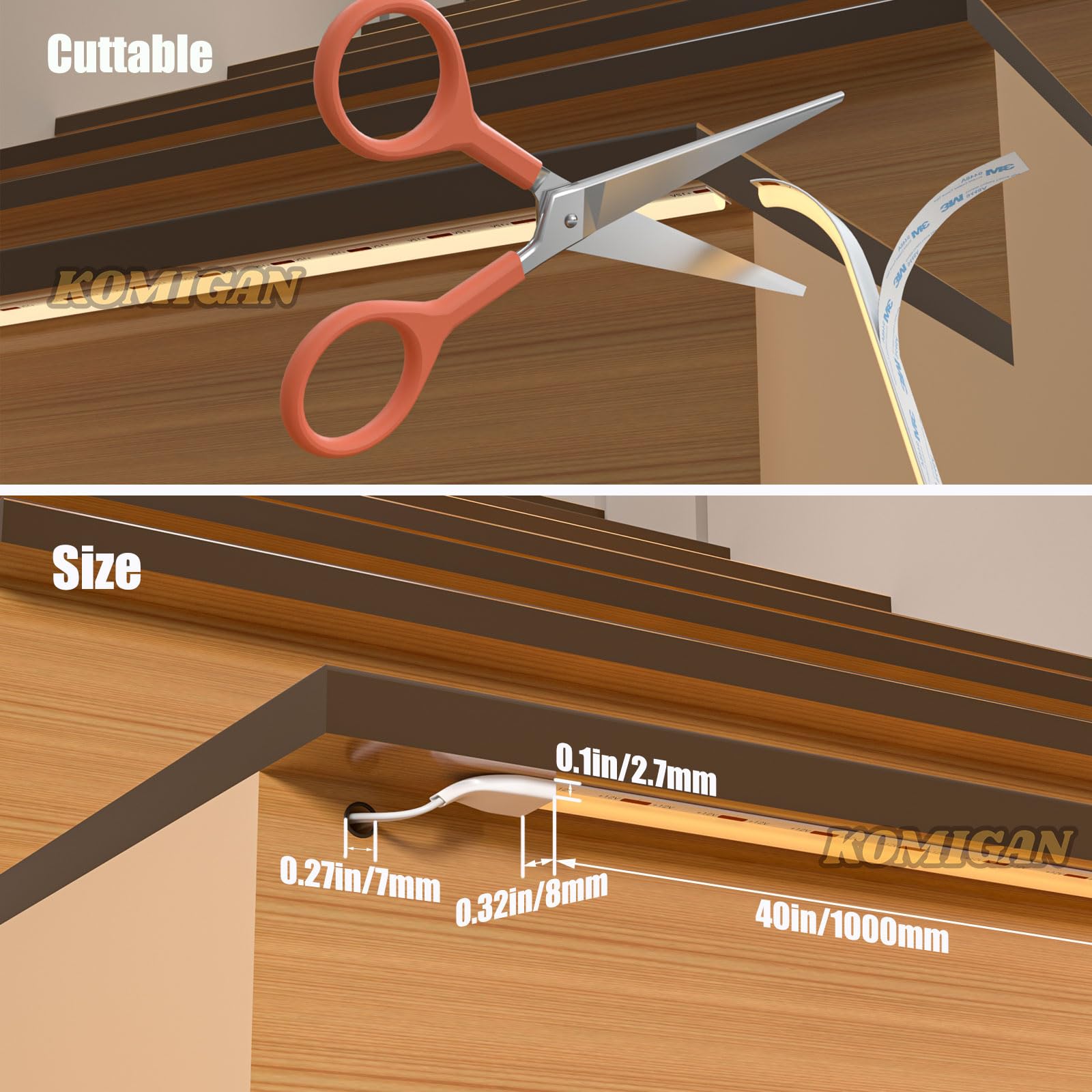 KOMIGAN LED Stair Lighting Kit KMG-3233, 40in Cuttable Strip Light, Cool White 6000K, for 14 Stairs, Plastic