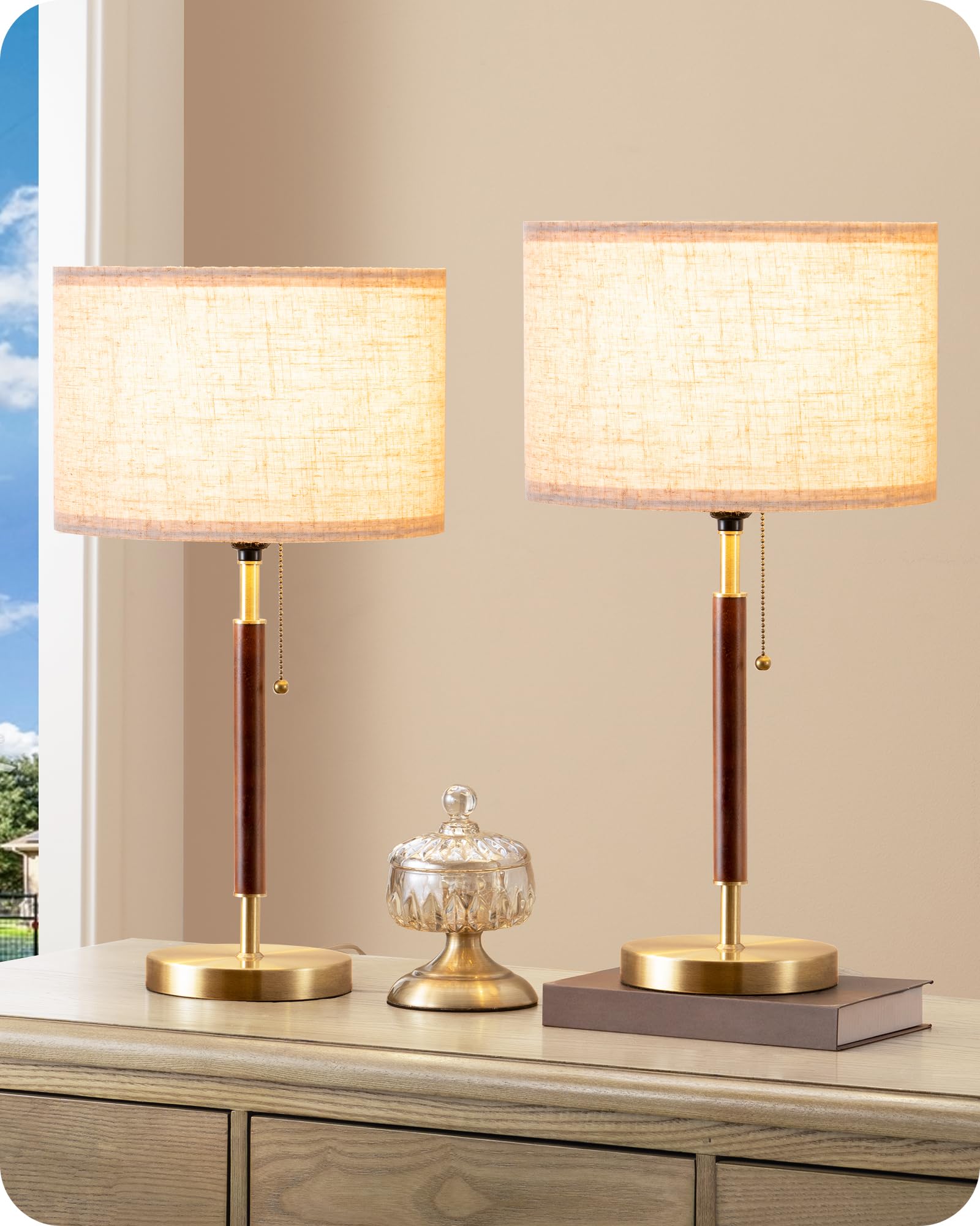 EDISHINE Mid Century Table Lamp Set of 2, Pull Chain Switch Bedside Lamp, Linen Shade, Solid Wood Pole & Bronze Brushed Metal Ba