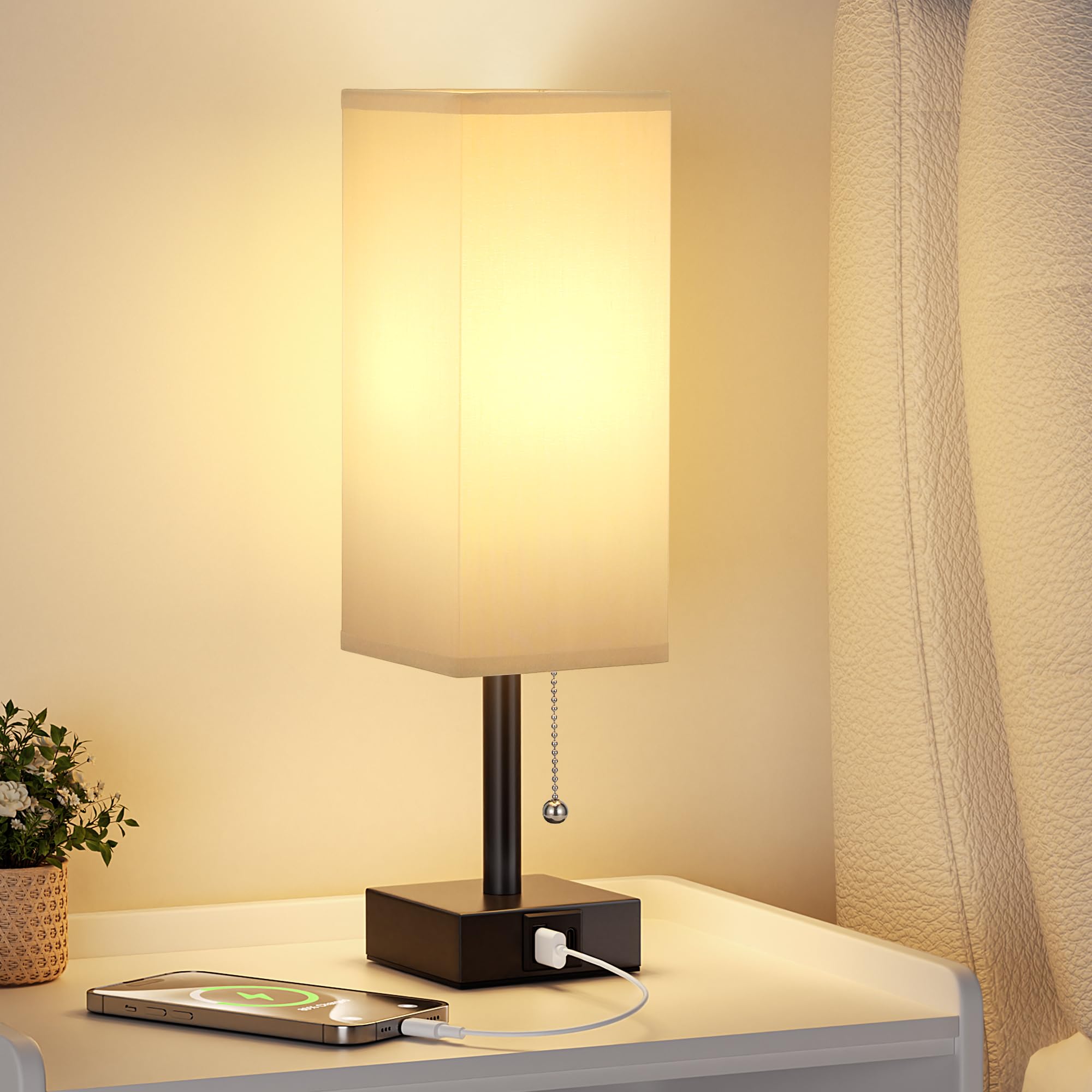 Gray Small Bedroom Lamp - 3 Color Temperature 3000K 5000K 4000K Bedside Lamp, Pull Chain Control, Usb A And C Charging Ports, Black Base, For Kids Office Dorm, Bulb Included