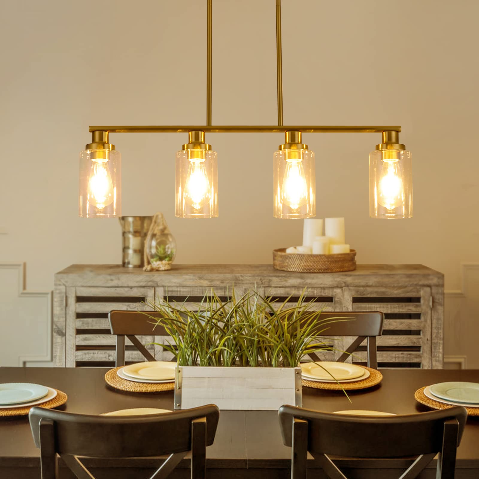 KPIOK 4-Light Gold Linear Chandelier - Adjustable Kitchen Island Pendant Light with Clear Glass Shade, Model BB003P-4AGB