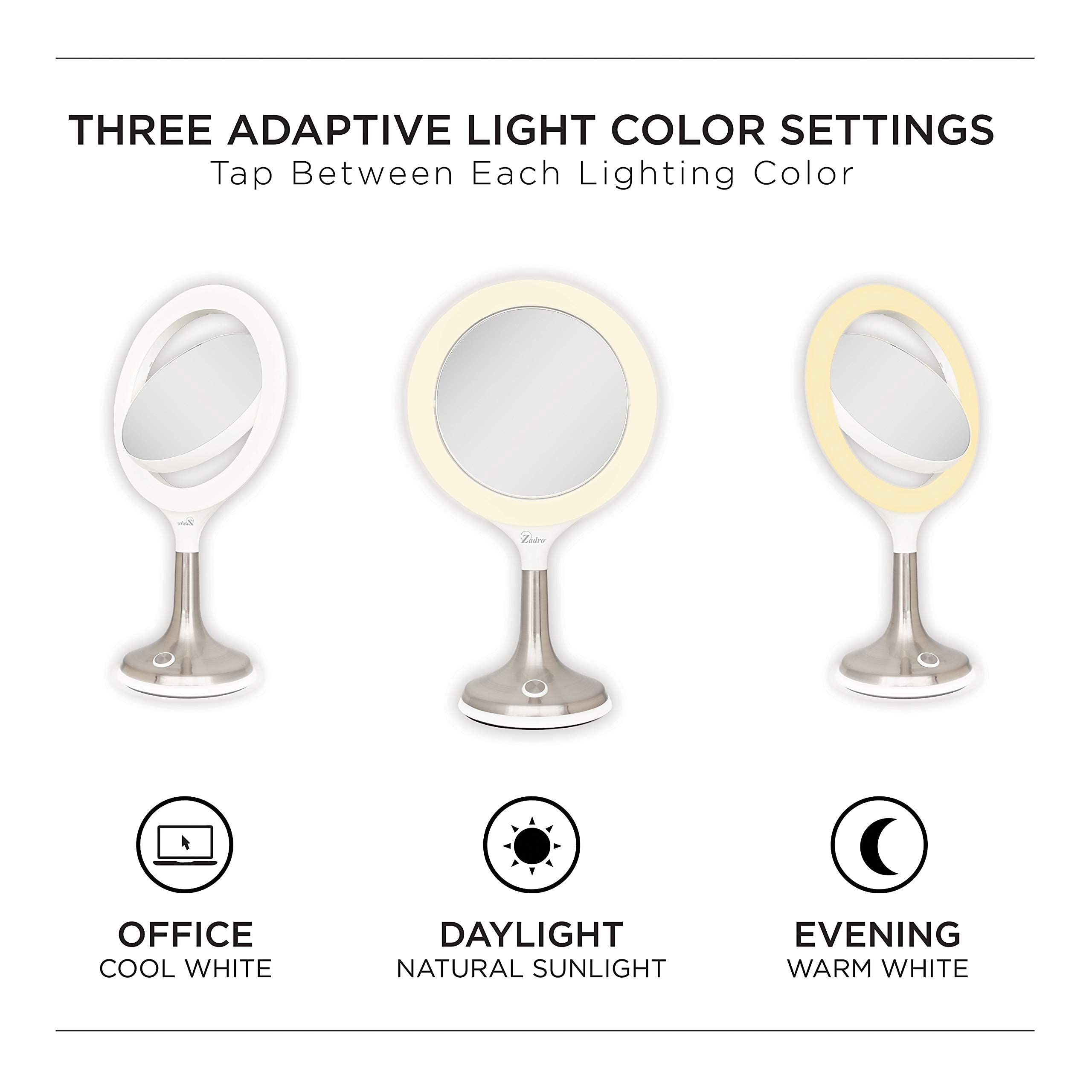 Zadro 9.75" LED Ring Light Vanity Mirror, 360° Swivel, 8X/1X Magnification, White/Satin Nickel, Model LSLVNT48