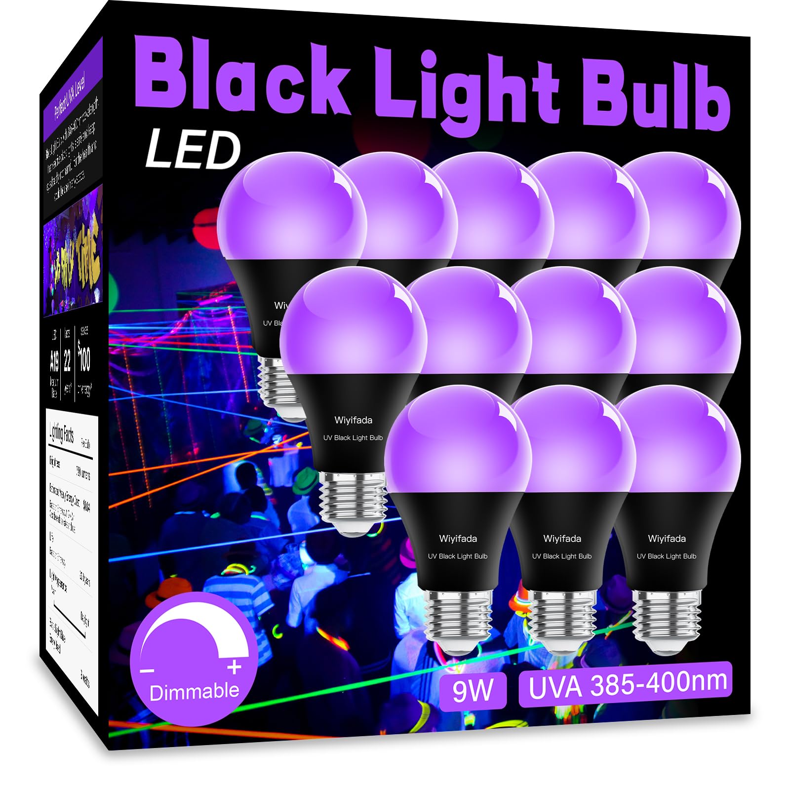 Wiyifada 12 Pack Led Black Light Bulbs, 9W A19 Uva 385-400Nm For Parties & Halloween