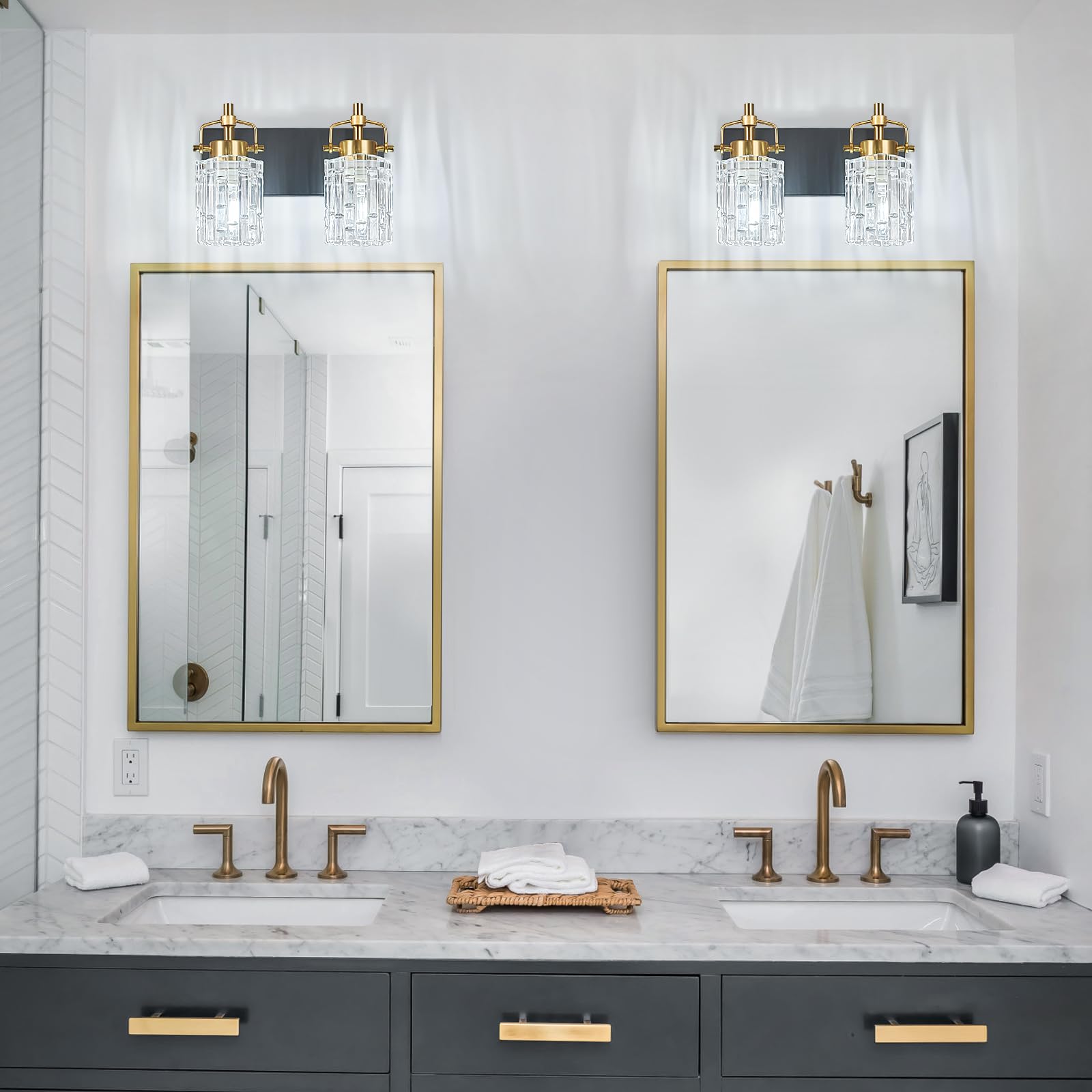 BNHHLZ Modern 2-Light Vanity Light - Black Gold Metal Fixtures, Model 4132, Crystal Glass Shade for Bathroom Over Mirror