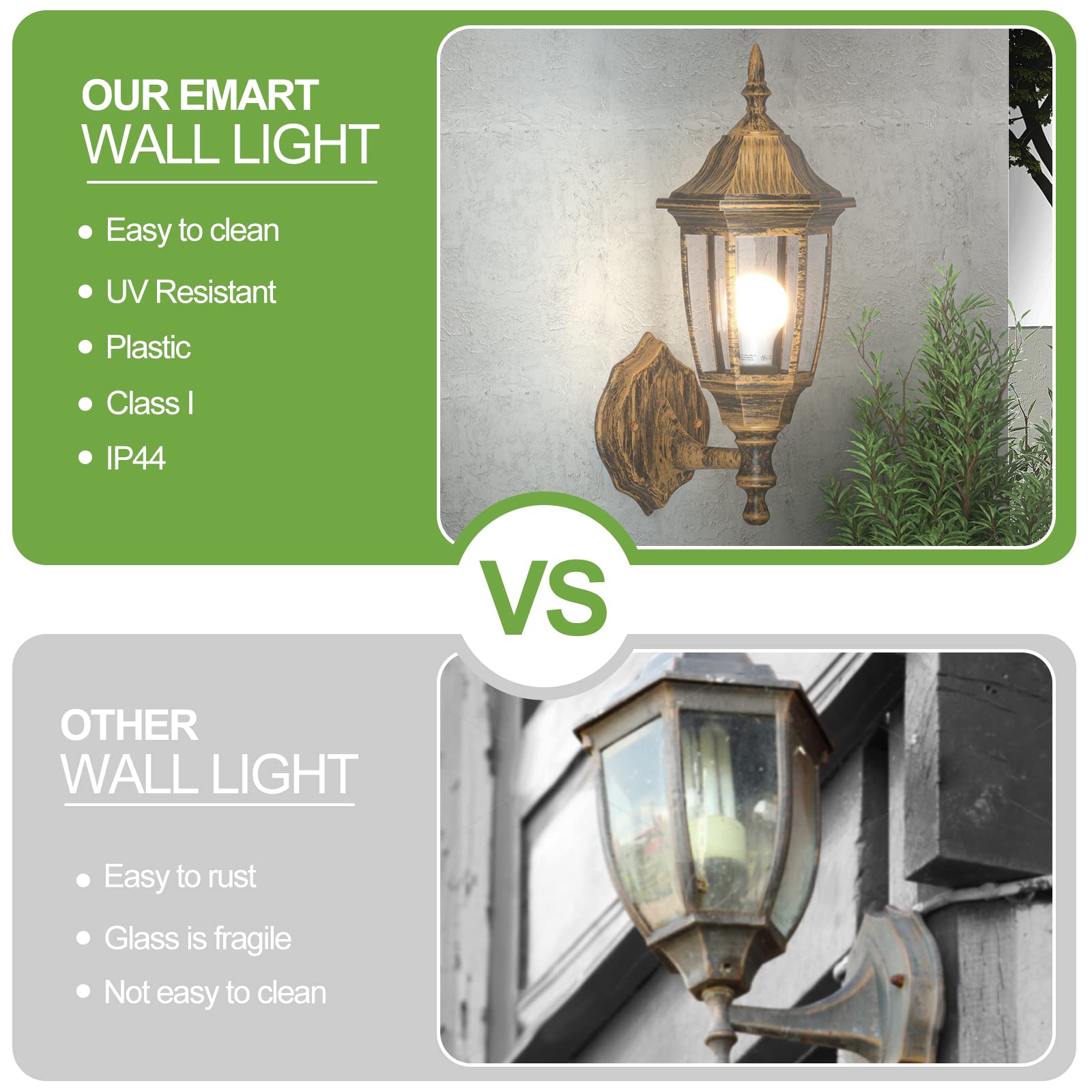 EMART Outdoor Porch Light - Waterproof Wall Mount Lantern, Brushed Gold, Plastic, Model EM-GGL-2, Bulb Included