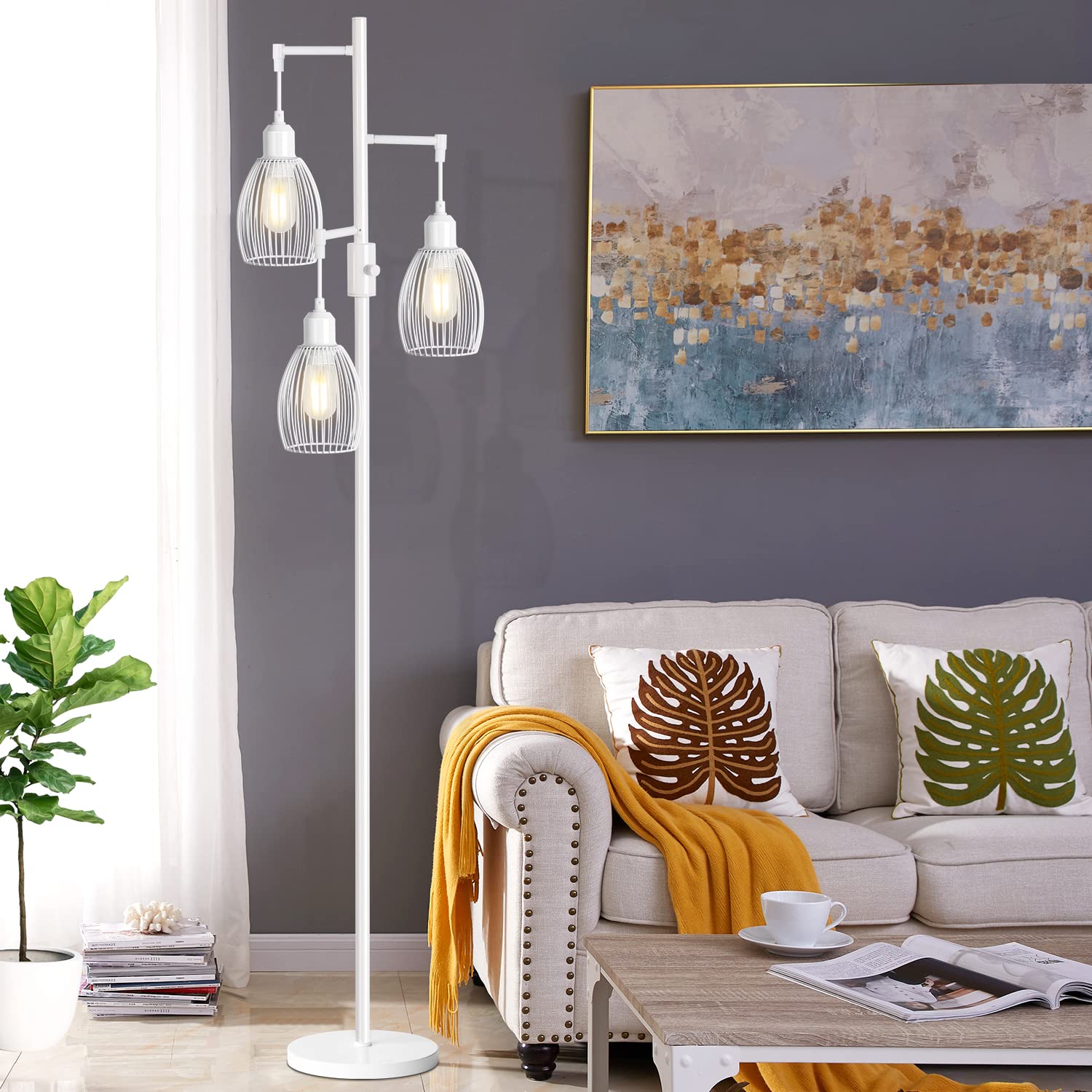 Nintiue Dimmable Floor Lamp with 3 x 800LM LED Edison Bulbs, Metal, White, Model FL1908, Industrial Teardrop Design for Living Room/Bedroom