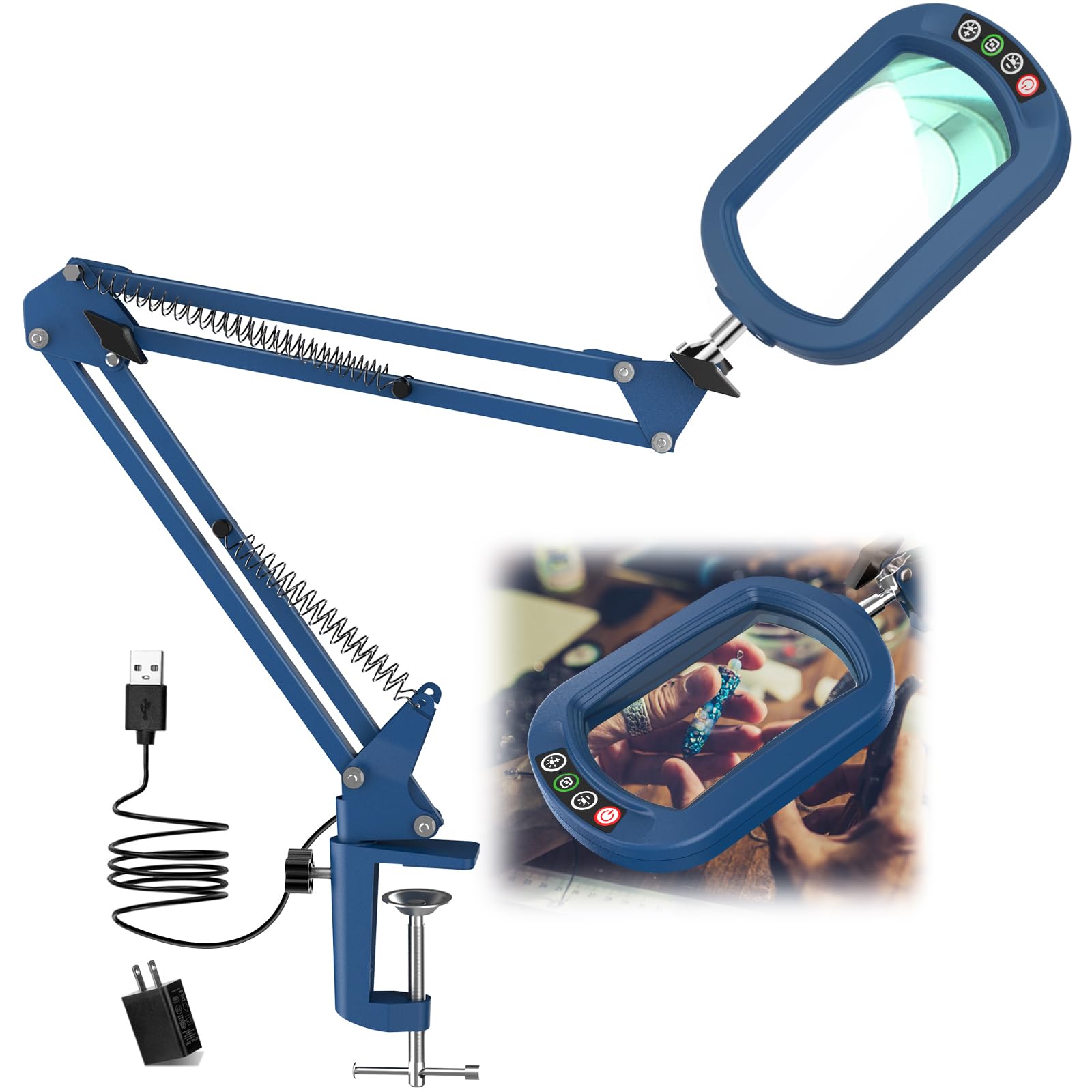 IVMAIE 10X Magnifying Glass with Light, Dimmable Clamp Desk Lamp, Swing Arm, Blue, Model JZ602