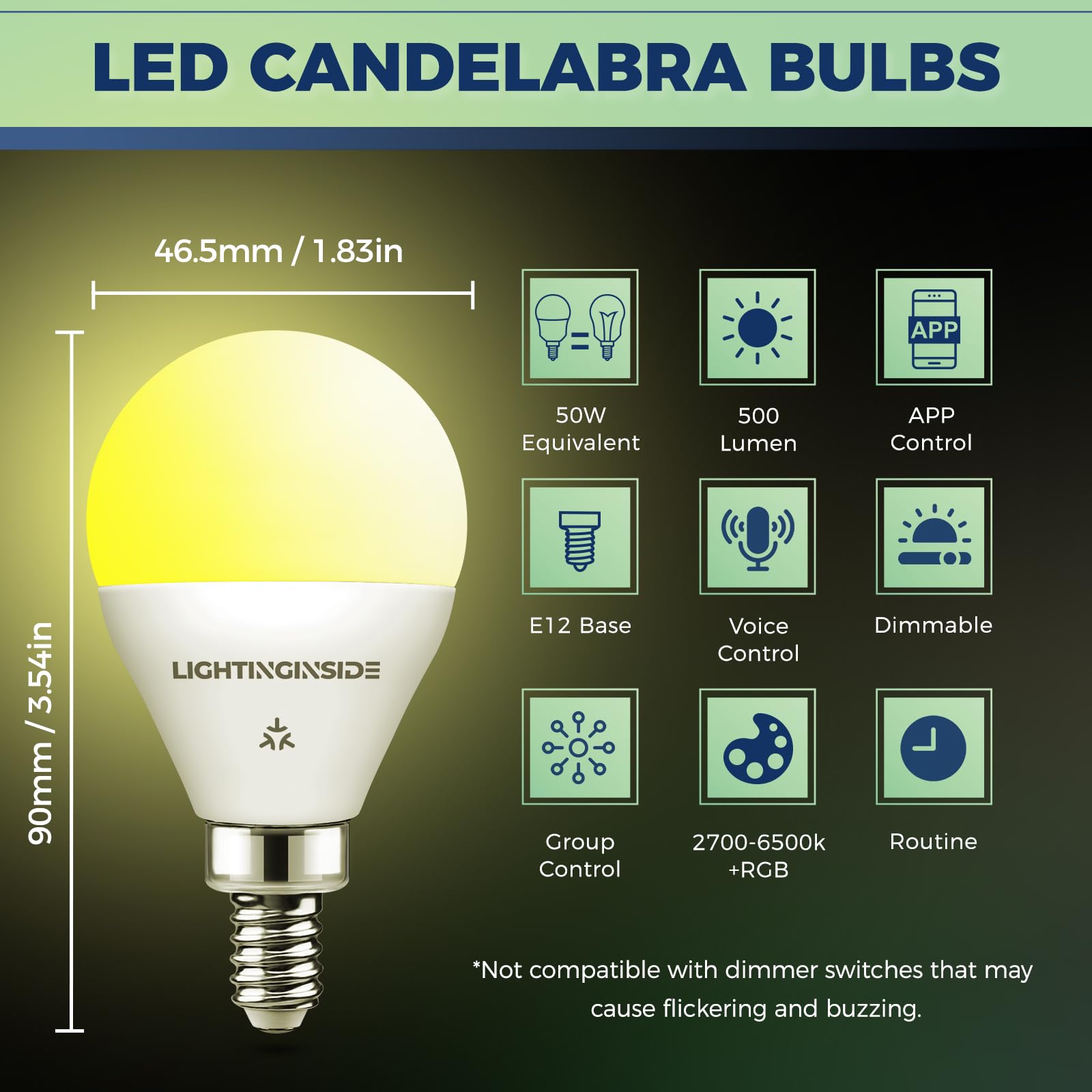Lightinginside E12 Smart Light Bulbs, 50W Equivalent, RGBCW G16.5, 4-Pack, Multicolor, ETL Listed, Compatible with Alexa/Siri/Google Home