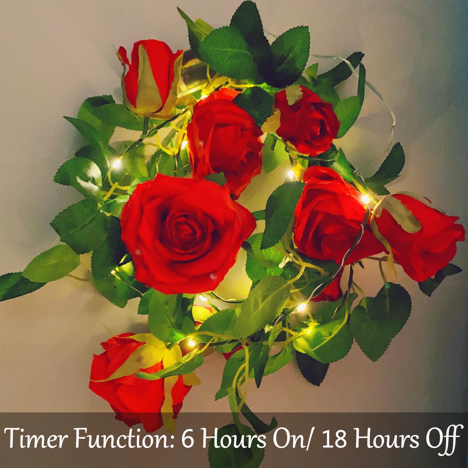 Fielegen 20 LED Rose Vine Lights, Red Plastic Garland, 6.56ft with Timer, Model 9Rose-Red for Home Garden Wedding Decor