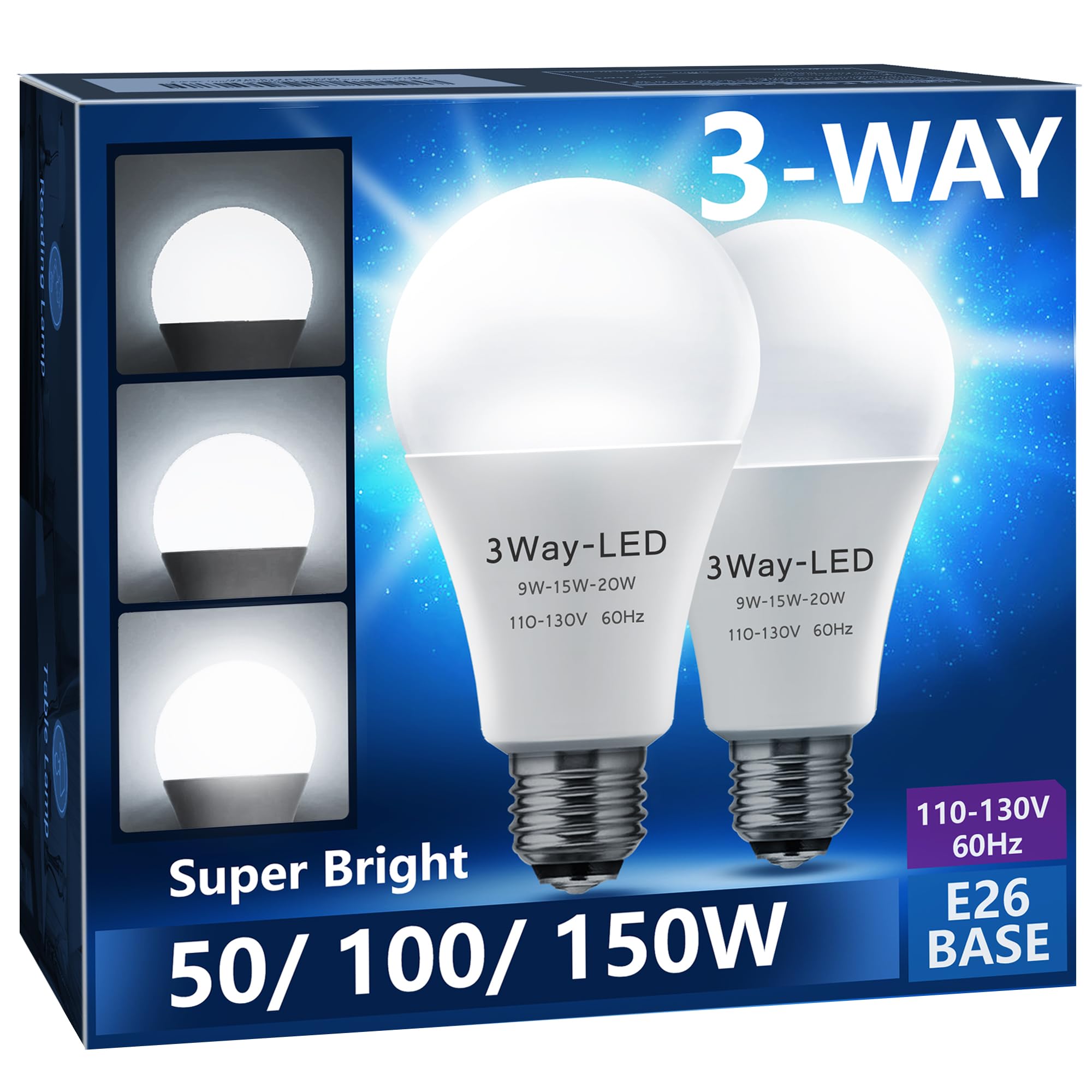 Briignite 3 Way Led Light Bulbs 50-100-150W Equivalent Daylight White 5000K, 3-Way A21 Led Light Bulb E26 Medium Base, 600Lm-125