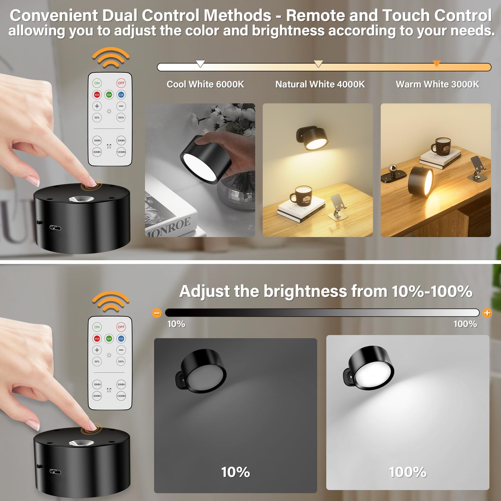 Led Wall Mounted Lights,Rechargeable Battery Operated Wall Sconce With Remote,3 Color Temperatures & Dimmable Magnetic 360 Rotat