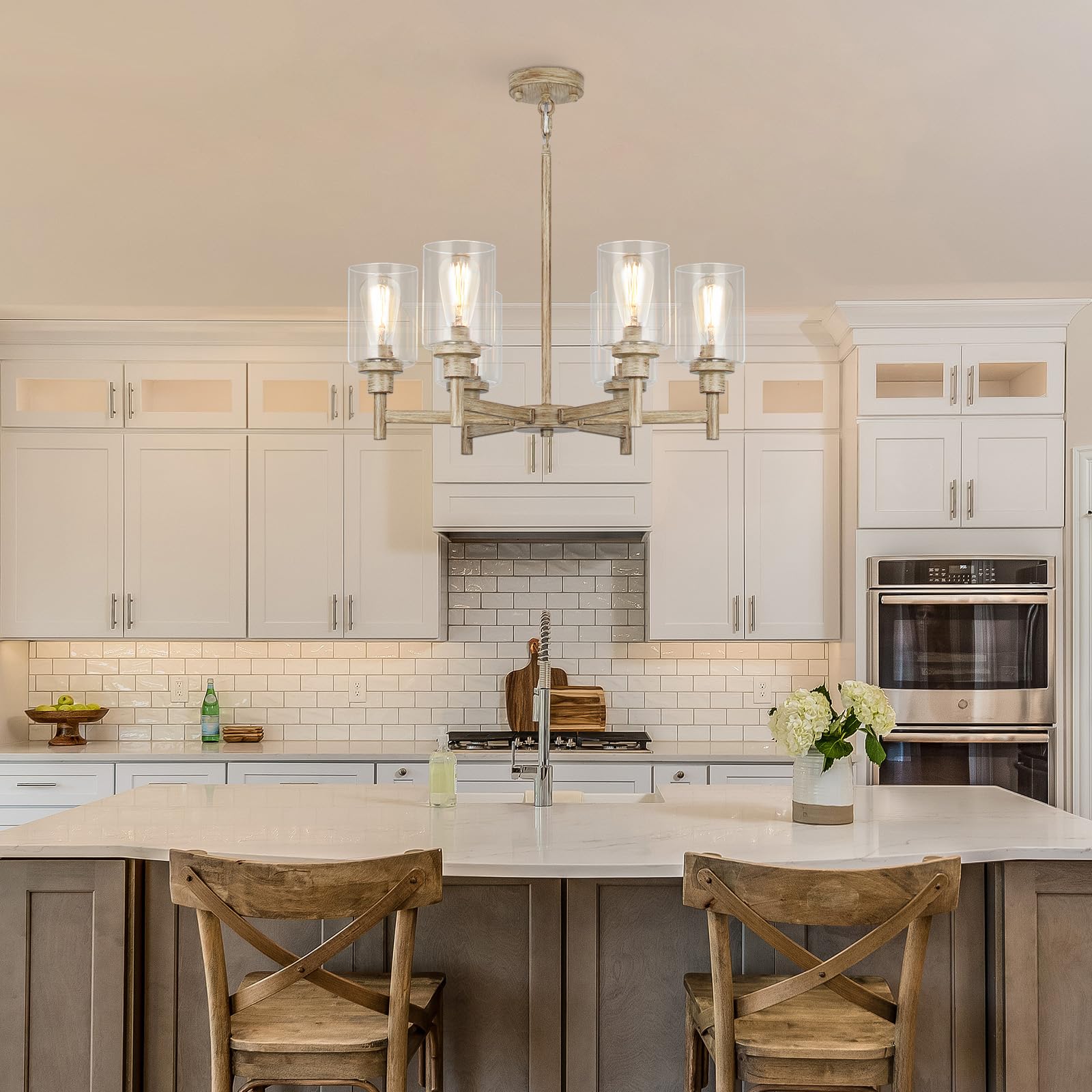 LIGHTDAMY 6-Light Farmhouse Chandelier Metal Faux Wood Texture D25in for Dining Room, Kitchen, Entryway, Bathroom