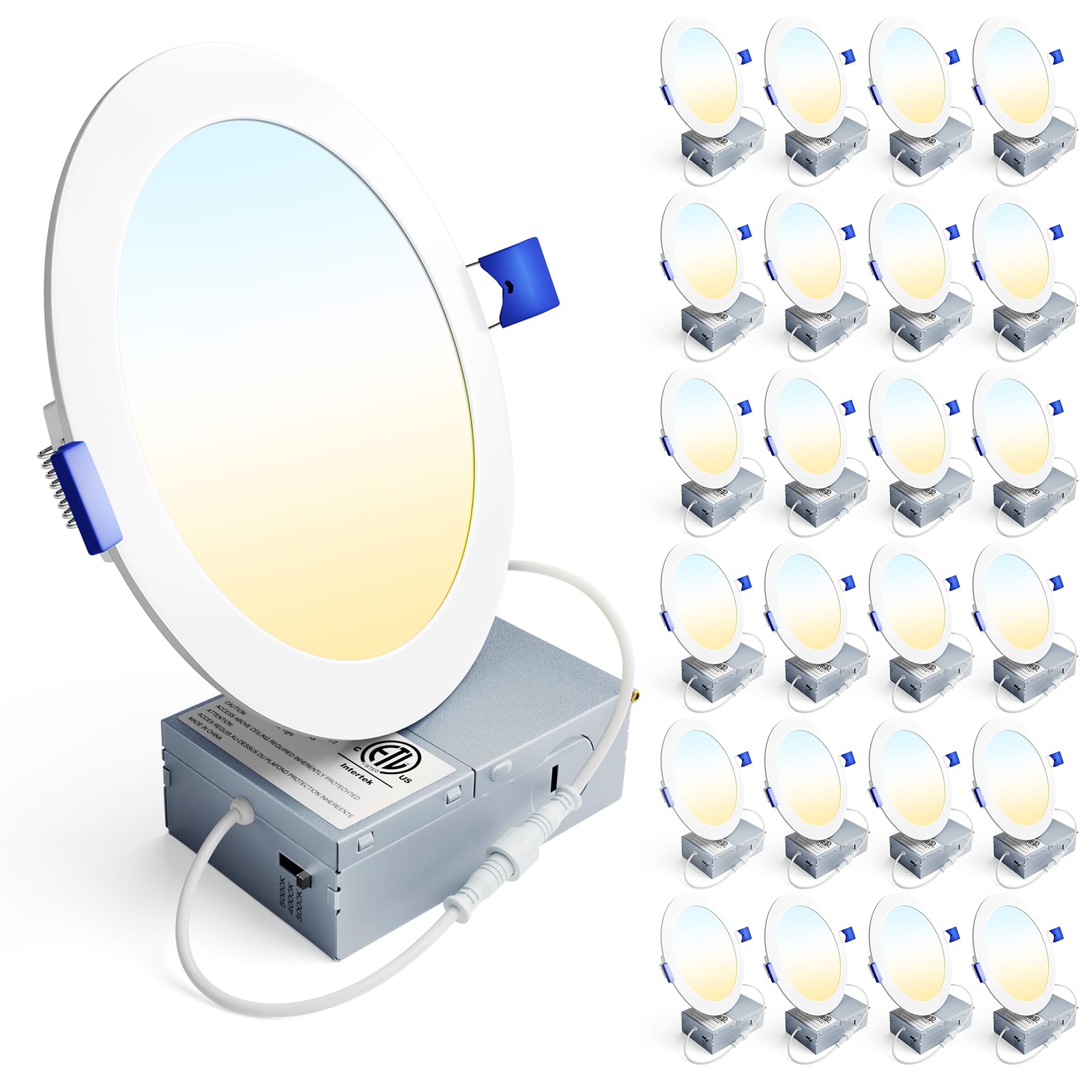 Ensenior 24 Pack 6 Inch LED Recessed Ceiling Light, Dimmable, 3000K-5000K 3CCT, 1050LM 12W 120V, High Brightness Canless Wafer D