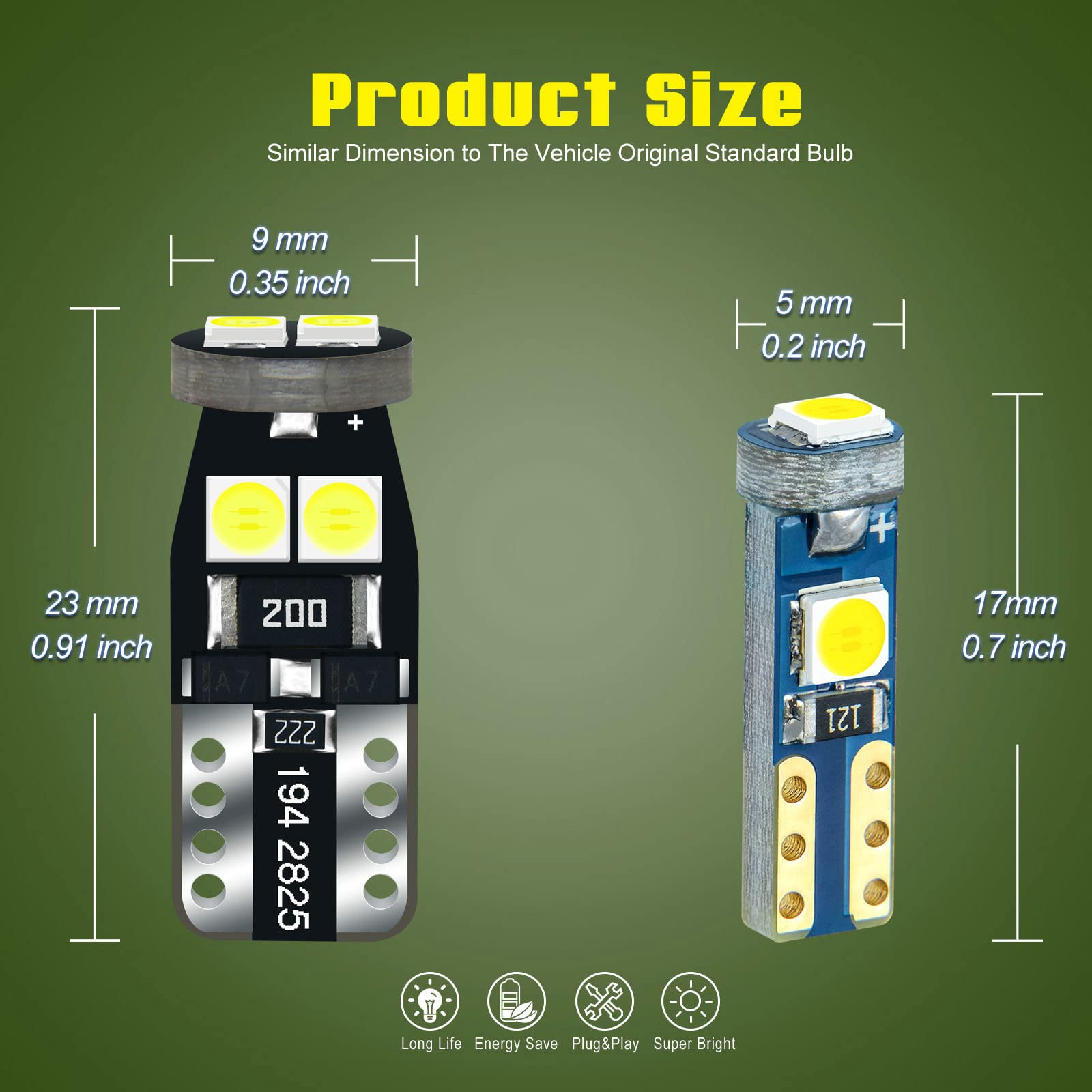 DODOFUN 12V LED Bulb Replacement for Instrument Cluster, White, Polycarbonate, Compatible with T5, T10, PC74, PC194, and More