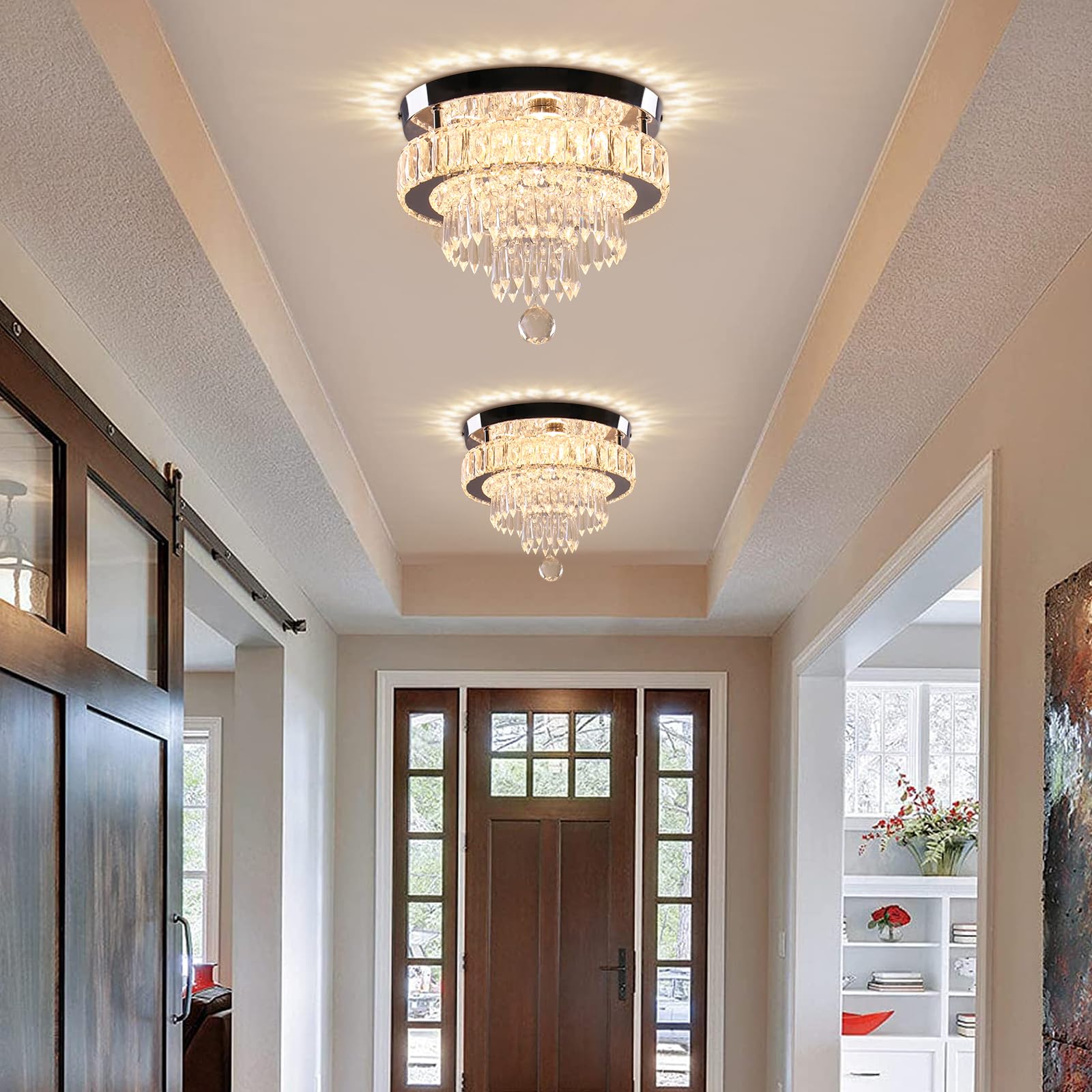 LEONTYNE Modern Crystal Dimmable LED Chandelier Light, 11.8 inch Flush Mount Ceiling Fixture, Remote Control, MC002-D-New, Color MC002-D-New