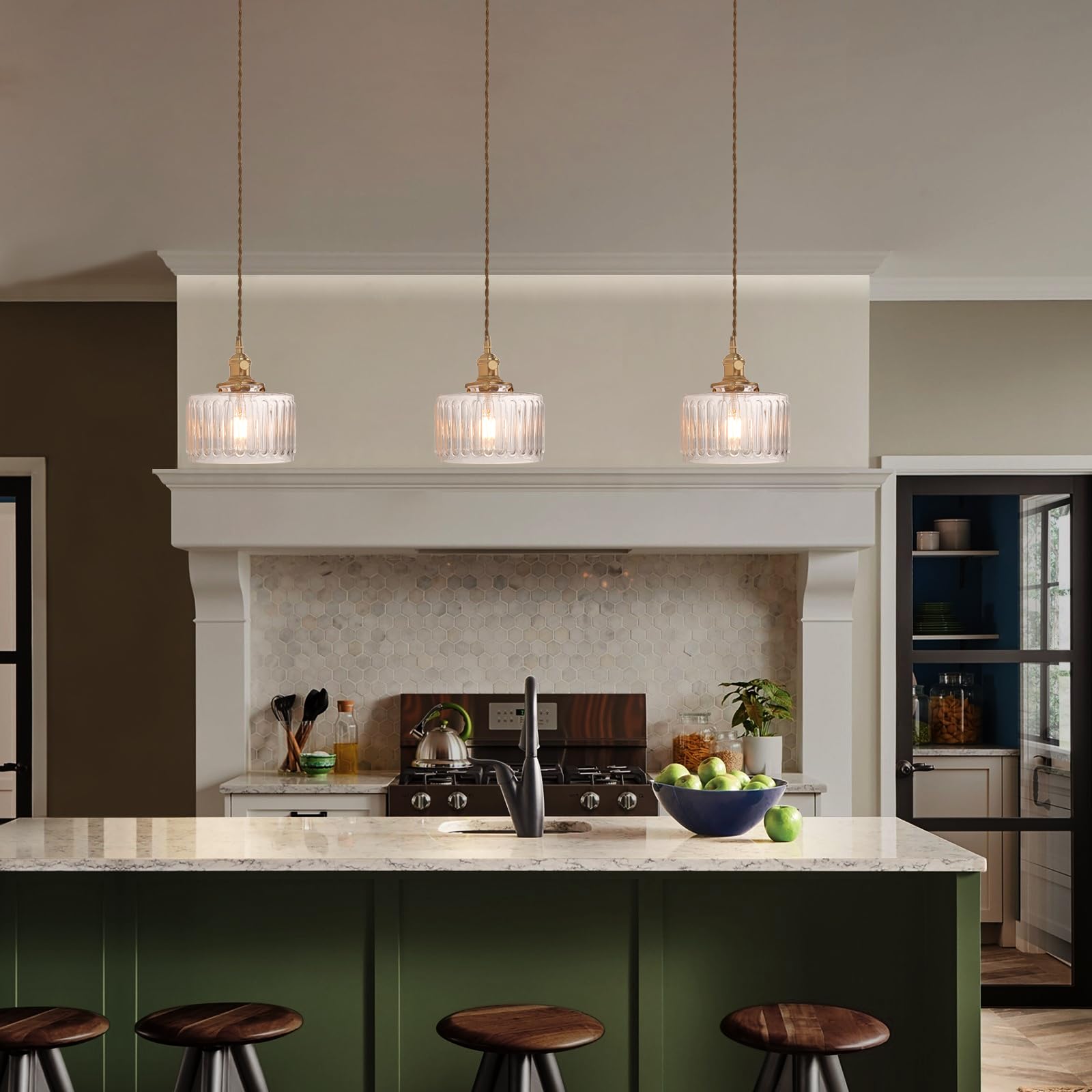 Shenmoyl Pendant Light With Clear Striped Glass Lmapshade, Brass Vintage Pendant Light Adjustable Hanging Light For Kitchen Isla