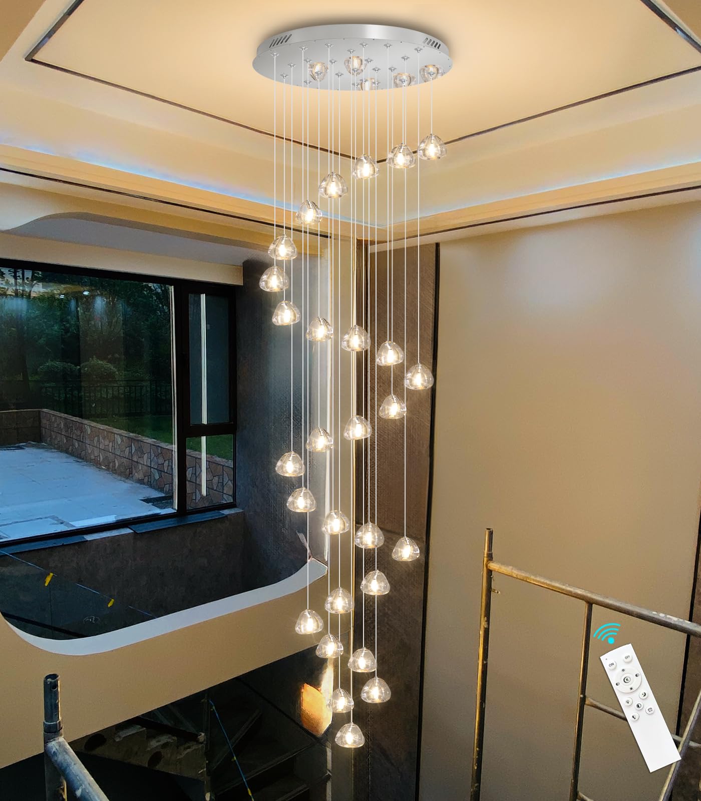 HAIXIANG 13ft LED Chandelier Pendant Light, Dimmable, Stainless Steel and Crystal, Mirror Chrome Finish, Model MMQ9025