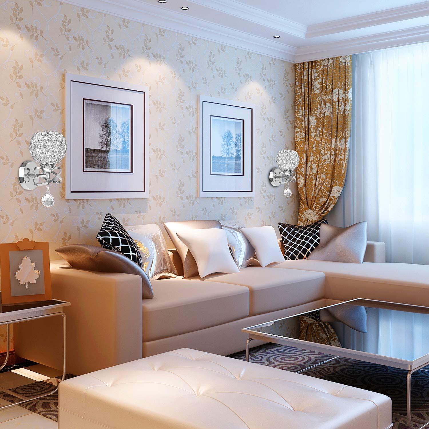 TISLYCO Wall Sconces Set of Two, Modern Silver Metal Lighting with Crystal Balls for Bedroom, Living Room, Hallway