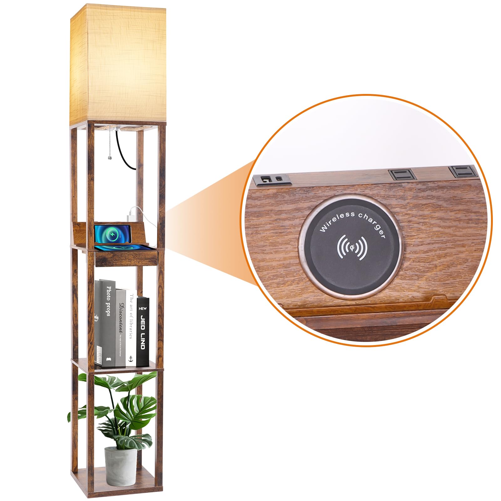 Runtop Floor Lamp With Shelves, Shelf Floor Lamp With Wireless Charger & 2 Charging Usb Ports & Drawer, Ac Outlet, 3 Color Tempe
