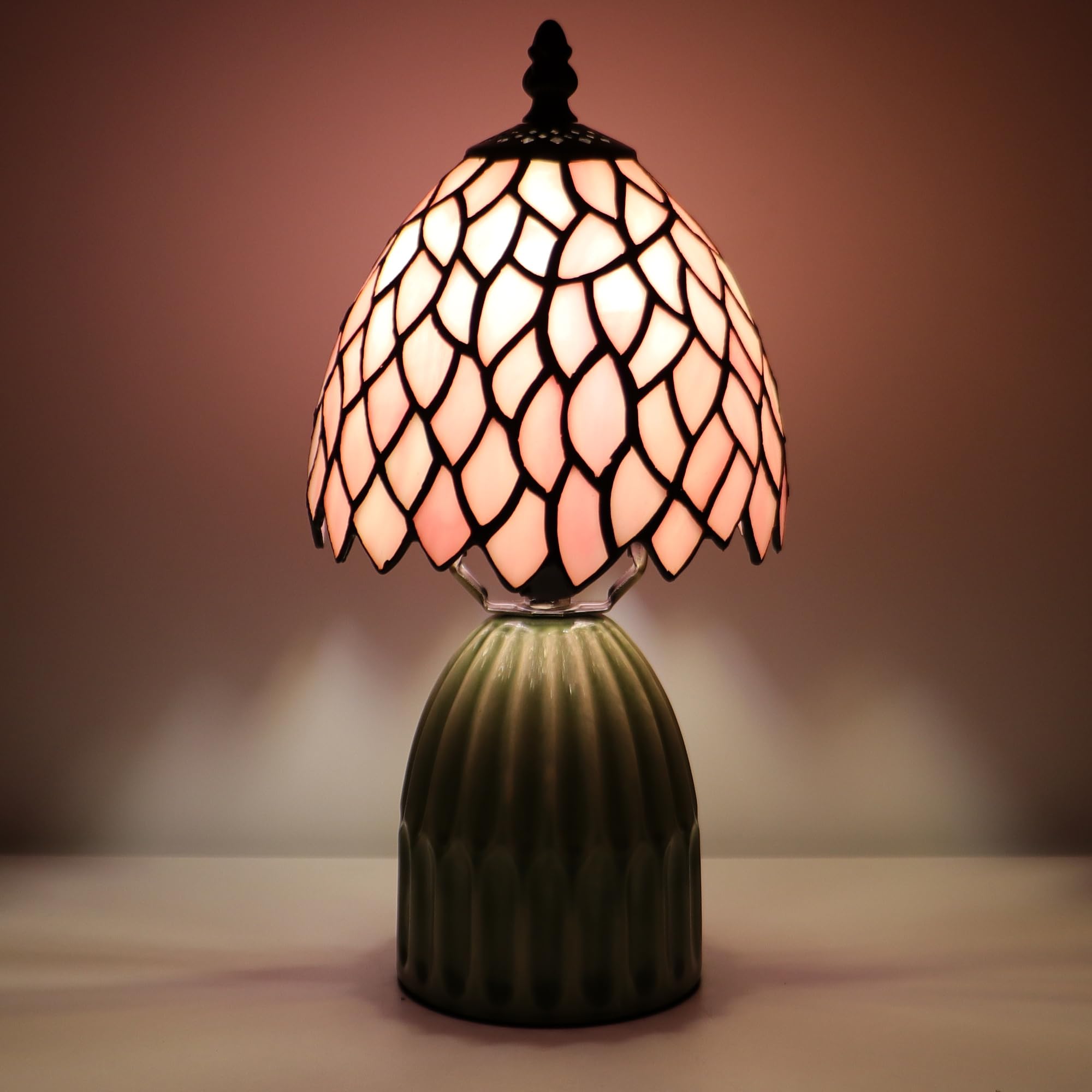 MQYXH Tiffany Lamp Stained Glass Mushroom Table Lamps 6X6X12.5 Inch Pink Leaf Style Small Night Light Ceramic Base Mini Accent Desk Light Suitable for Bedside Table Bedroom Children Room