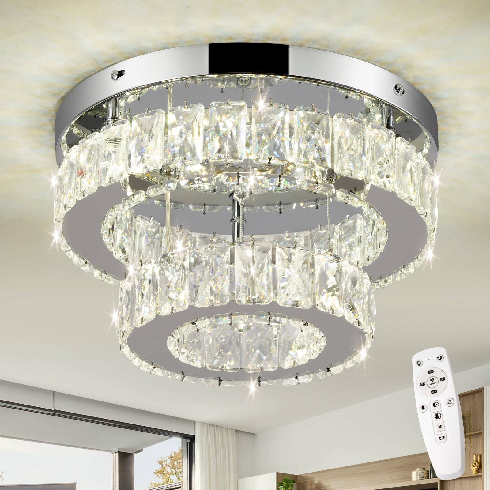 Leontyne 11.8 Inch Dimmable Modern Crystal Chandelier 2-Layer Round Crystal Led Ceiling Light Flush Mount Chandelier Fixture For