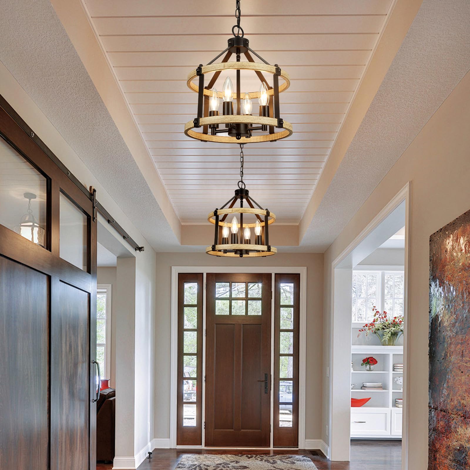 12.5'' Farmhouse Chandelier Light Fixtures, 4 Light Rustic Drum Chandeliers, Black+Wood-Look Finish Metal Industrial Chandelier