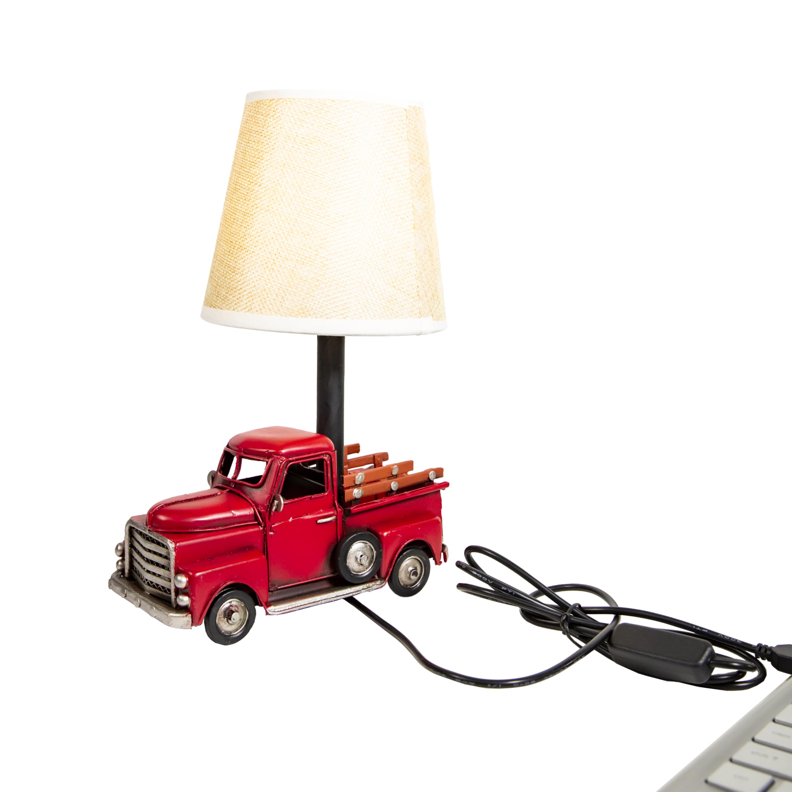 YCHTEWY-Unique Rustic Red Vintage Truck USB Table Lamp with Burlap Shade,Cozy Night Light,Compact & Durable, Perfect for Desktop