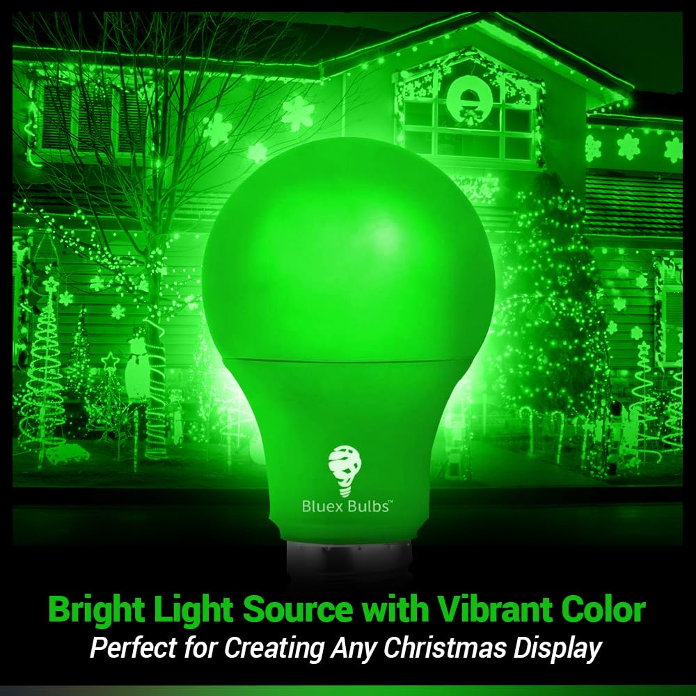 Bluex Bulbs A19 Green LED Light Bulb - 9W (60W Equivalent) - 2 Pack - E26 Base - Perfect for Parties & Home Decoration