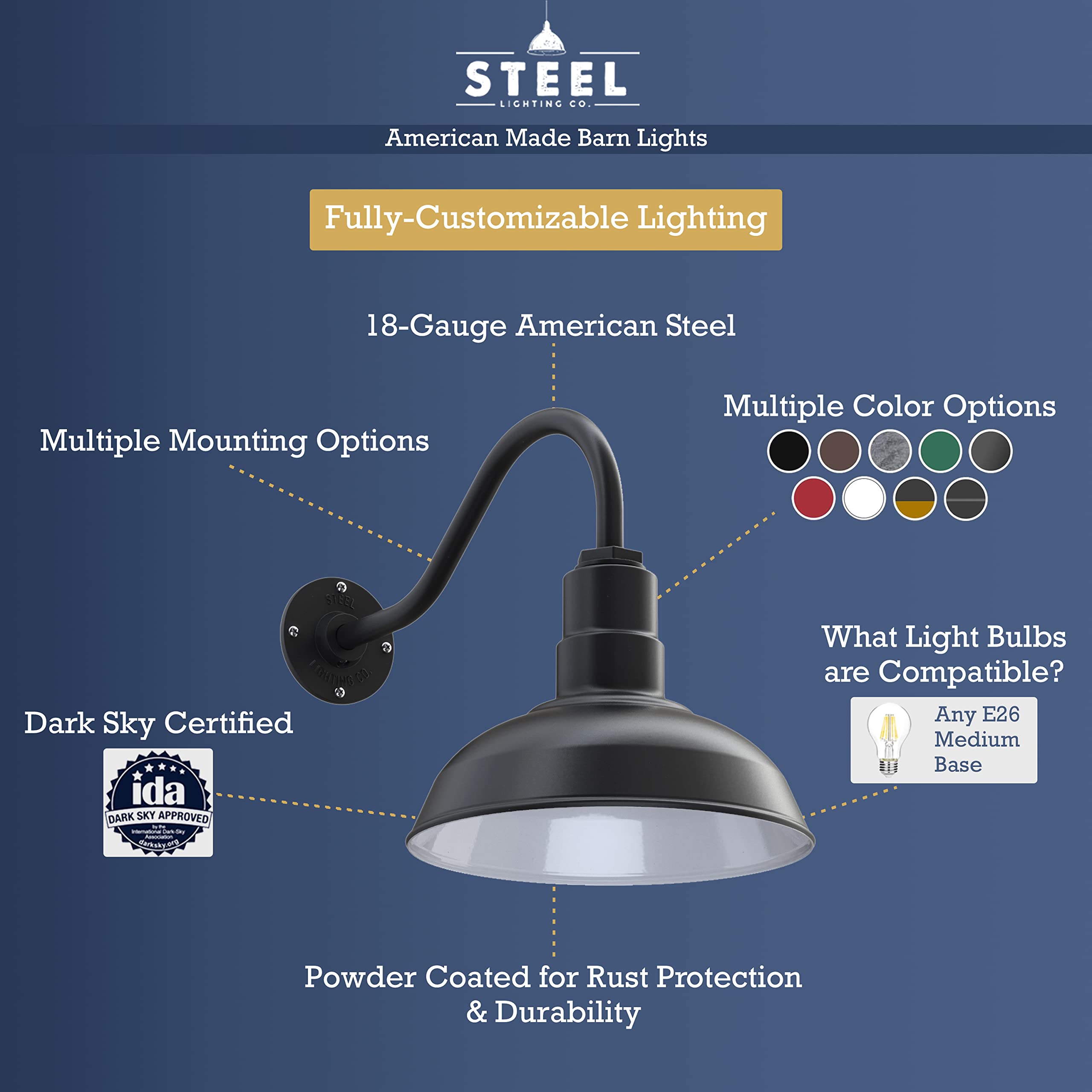 Steel Lighting Co. Westchester Barn Light - Outdoor Wall Mounted, 12in Dome, 11in Straight Arm, Alloy Steel, Matte Black