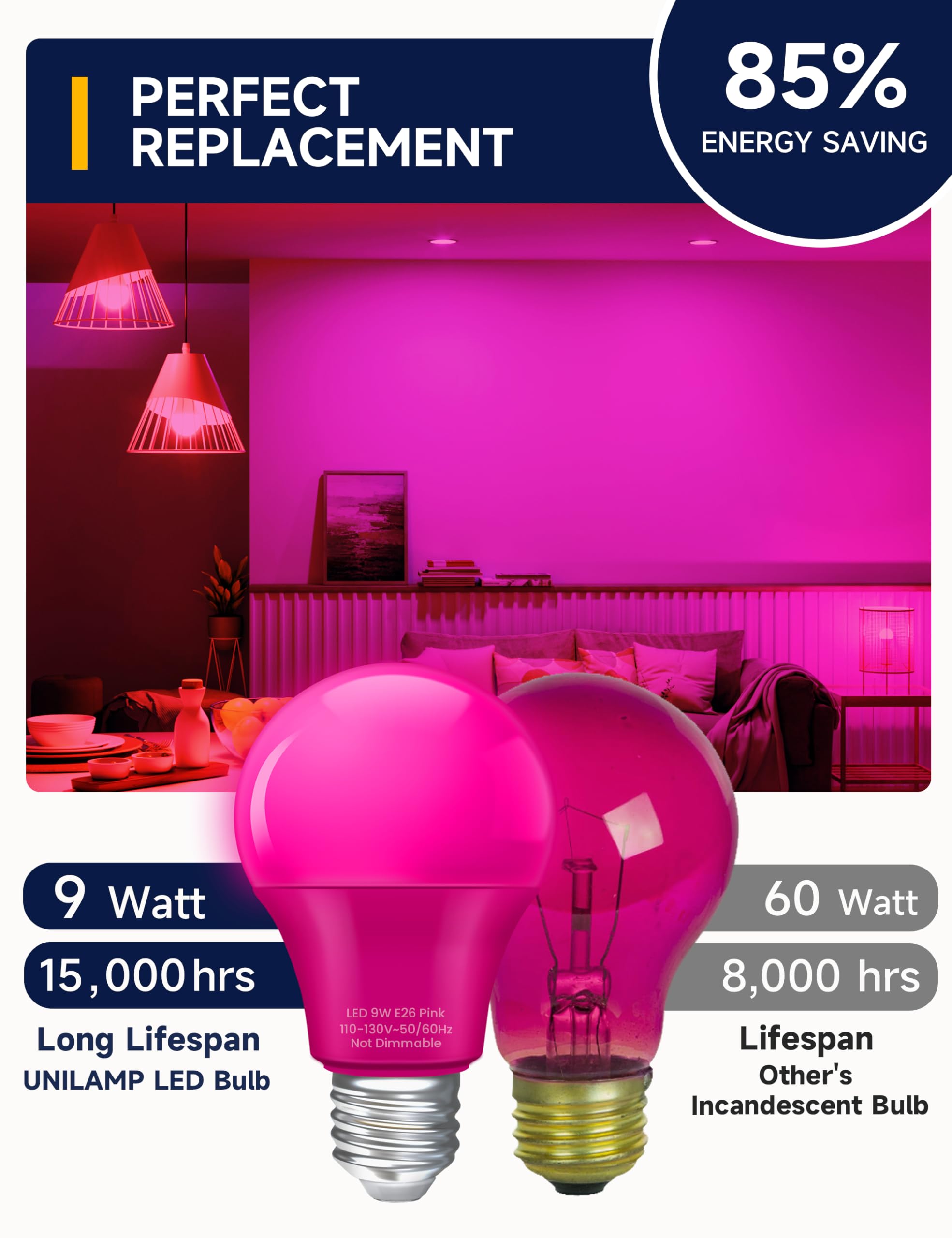 Unilamp Pink Light Bulbs: A19 9W Colored Light Bulbs  60 Watt Equivalent  Pink Light For Halloween Decoration  Christmas Decor  Holiday Party Lighting  Home Porch Lighting  4 Pack