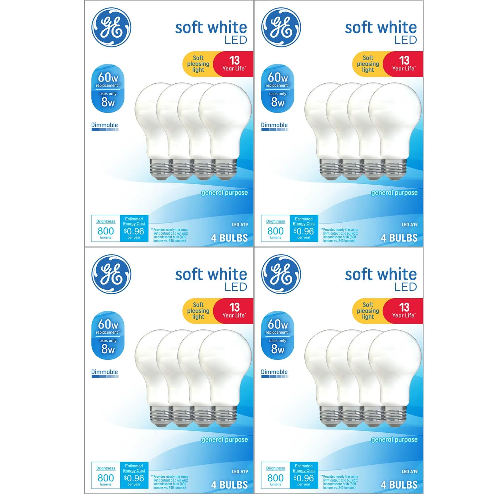GE 16 Pack LED 60W Equivalent Soft White A19 2700K Light Bulbs, (Soft White, 16 Pack)