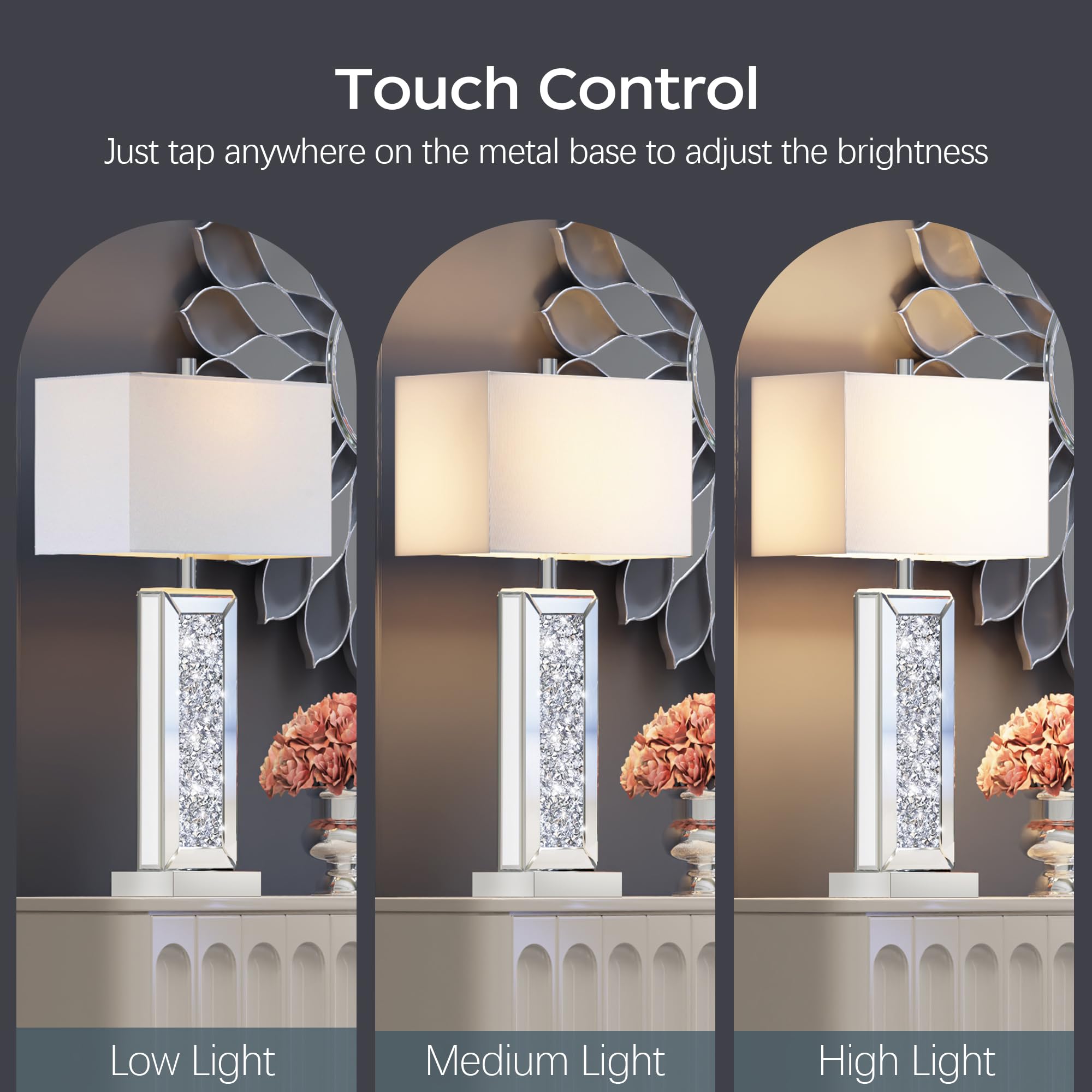 PARTPHONER Modern Table Lamp Set of 2 - Silver Crystal Touch Control, USB Ports, 3-Way Dimmable, White Shade, Model TL021B