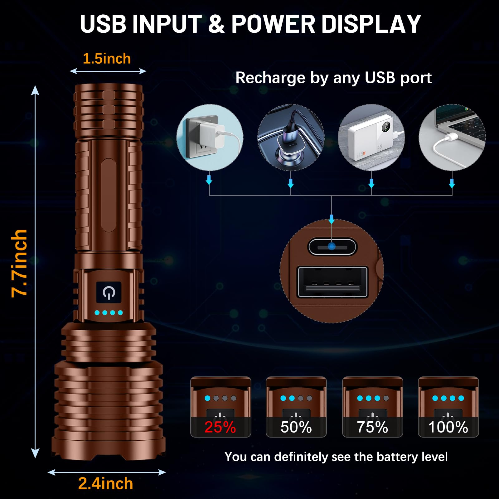 Weoxi Rechargeable Flashlight 5000 Lumens, 5 Modes, Waterproof, Aluminum, Coffee, Model XHP160-A8